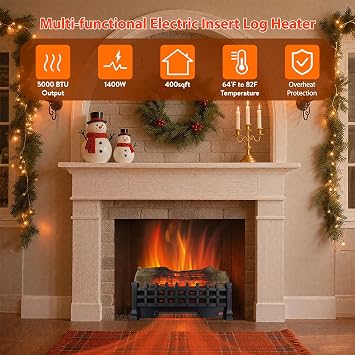 21 Electric Fireplace Log Set, Fireplace Insert with Realistic Flame, Adjustable Flame Brightness, Thermostat, 9H Timer, Remote Control, Overheating Protection, 1400W