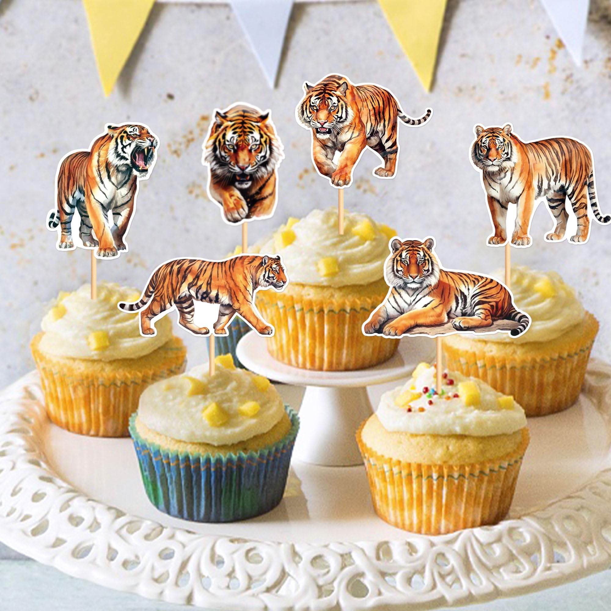 Cyodoos Lot De 24 Décorations De Cupcakes En Forme D'animal De Safari Sur Le Thème De La Jungle Pour Fête D'anniversaire Et Fête Prénatale (recto-verso