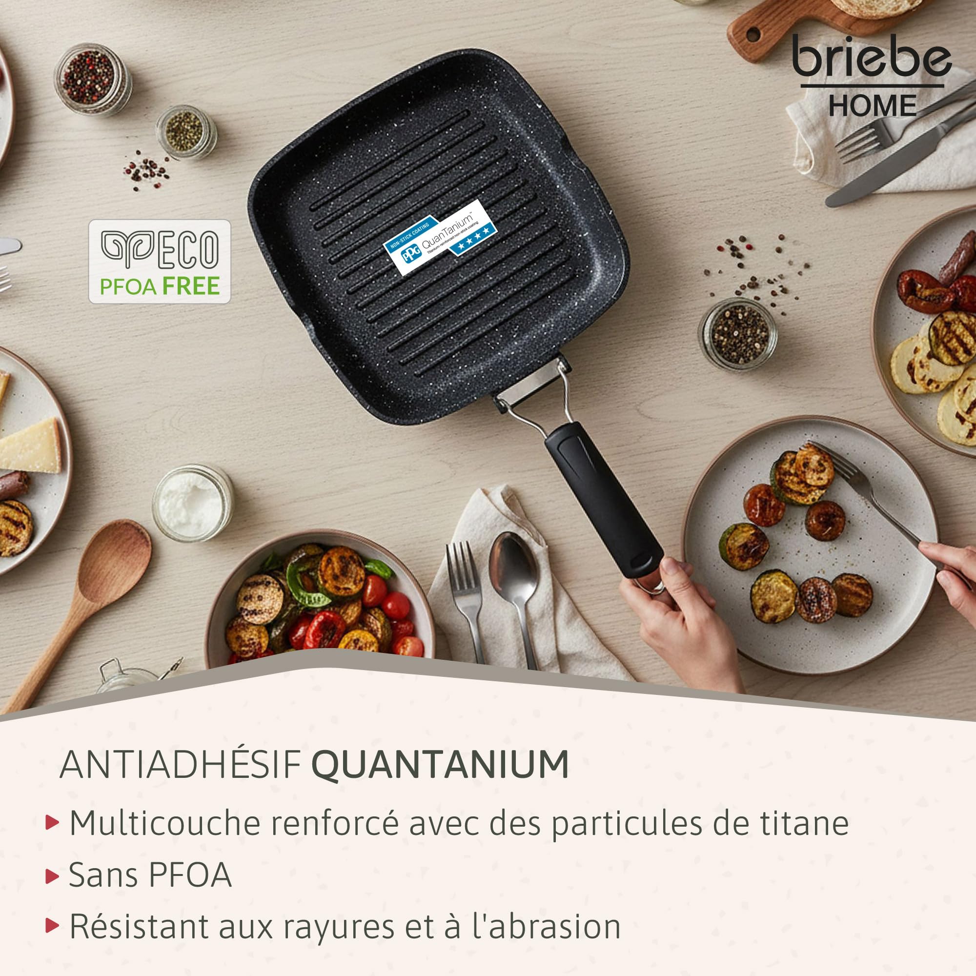Briebe Black Titanium Grill à rayures, induction, antiadhésif titane, poêle à frire en fonte d'aluminium sans PFOA, manche pliable, vitrocéramique, gaz, 20 x 20 cm