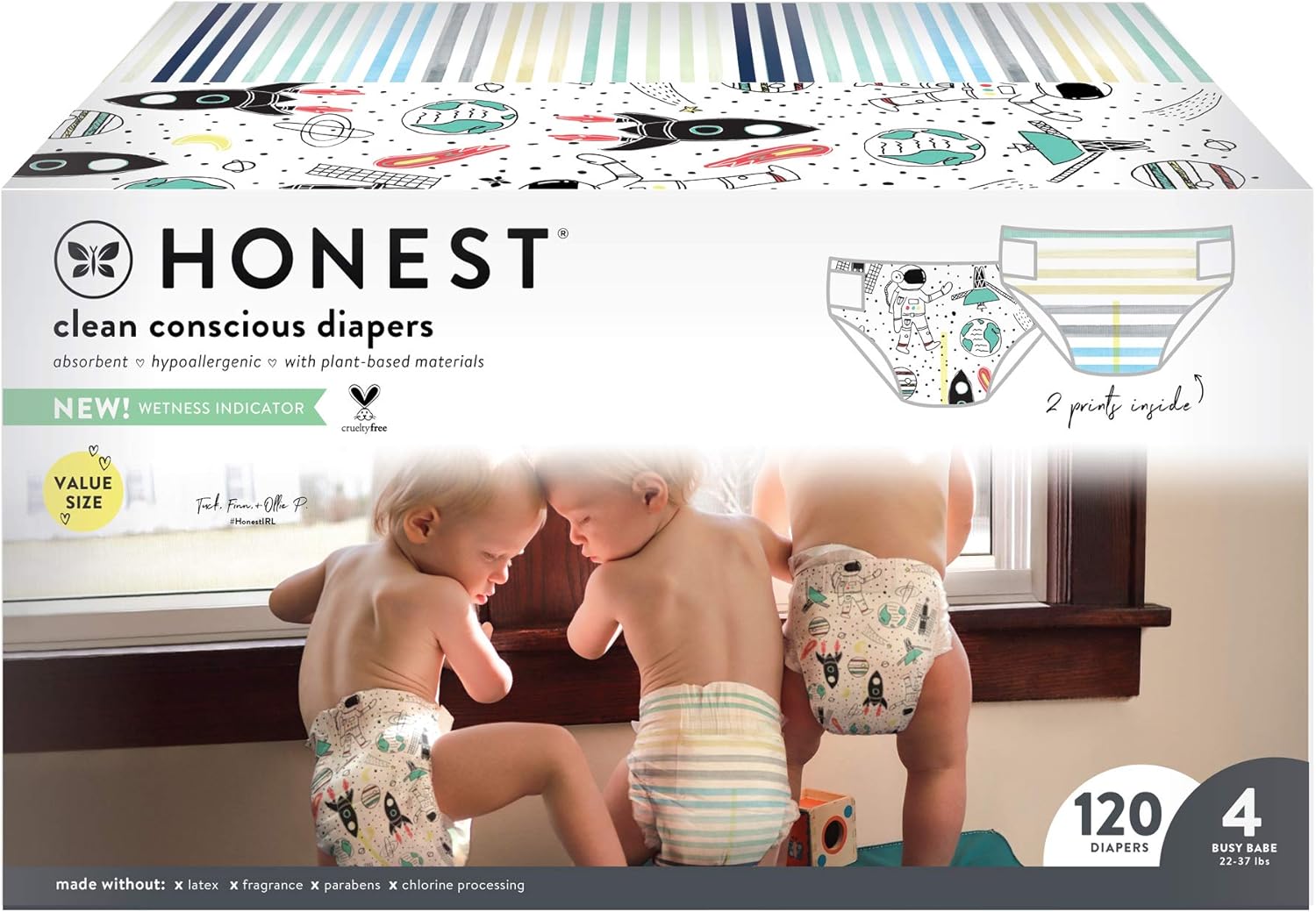 The Honest Company Clean Conscious Diapers Space Travel + Classic Stripes Size 4 120 Count Super