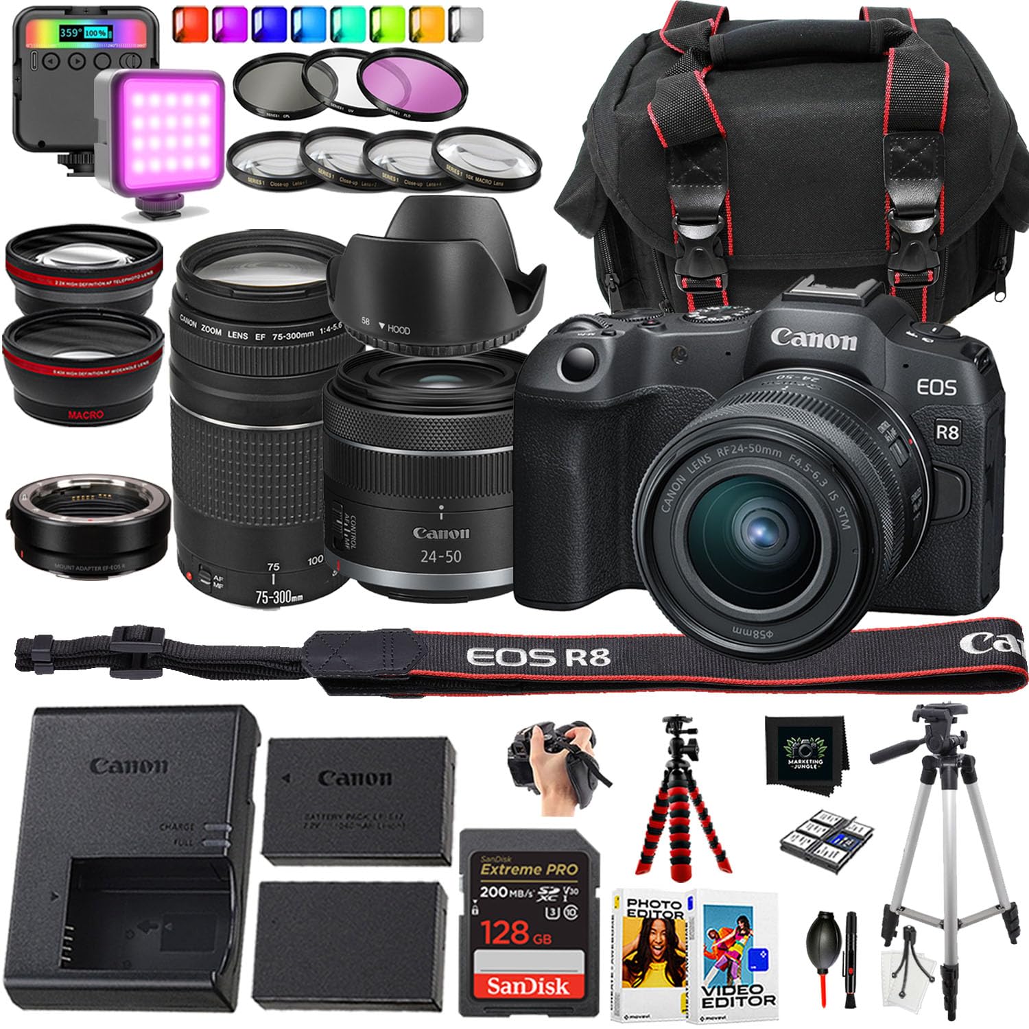 Canon EOS R8 Mirrorless Camera + RF 24-50mm f/4.5-6.3 is STM Lens + EF 75-300mm f/4-5.6 III + Camera Case (21 Piece Bundle) (Renewed)