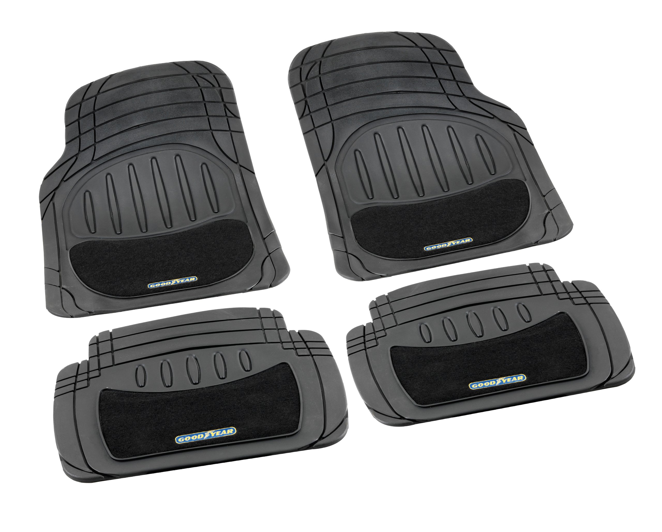 Goodyear Tappetini Auto Universali Gomma e Moquette, Set 4 Pezzi Ritagliabili su Misura, Protezione 4 Stagioni da Fango e Pioggia, Fondo Antiscivolo Chiodato, Battitacco Rinforzato, Neri