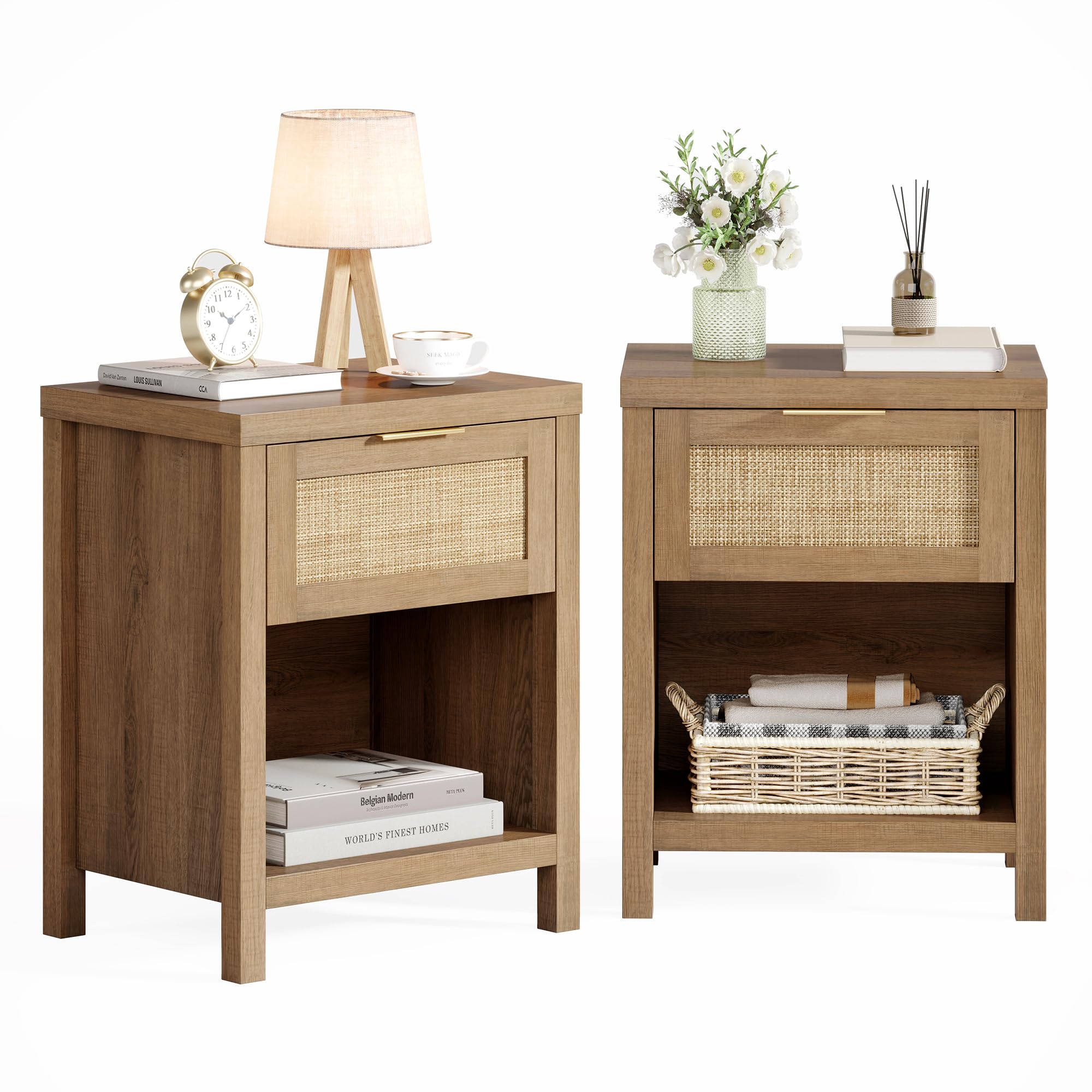 Rattan Nightstand Set 2: Boho End Table with Drawer and Storage Shelf, Farmhouse Cane Accent Bedside Night Stands for Bedroom Small Space Sofa (2, Caramel Oak)