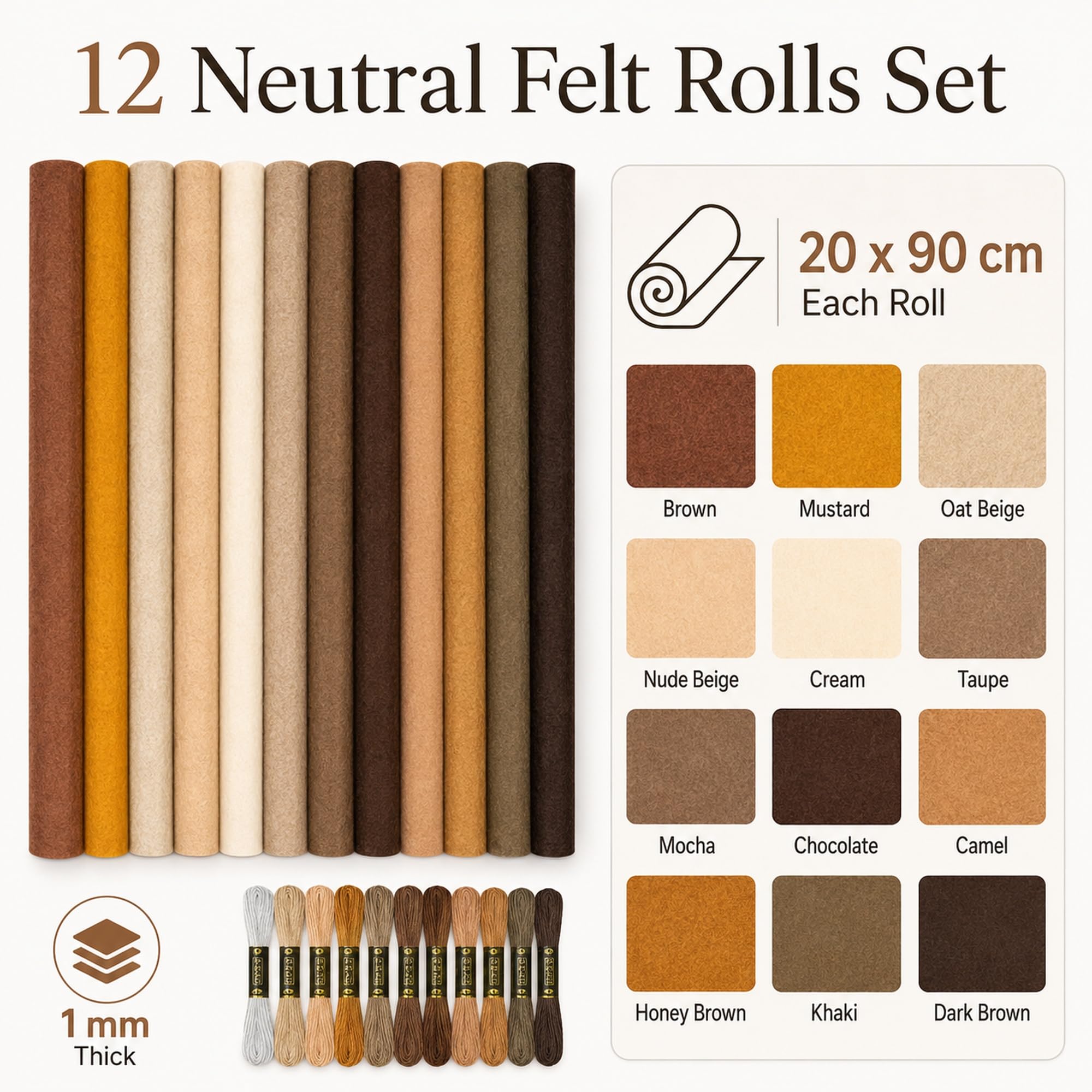 12 rotoli di feltro per bricolage, 20 x 90 cm, 1 mm di spessore, tessuto di feltro morbido per progetti fai da te, per patchwork, cucito, decorazione, progetti scolastici, artigianato (marrone)