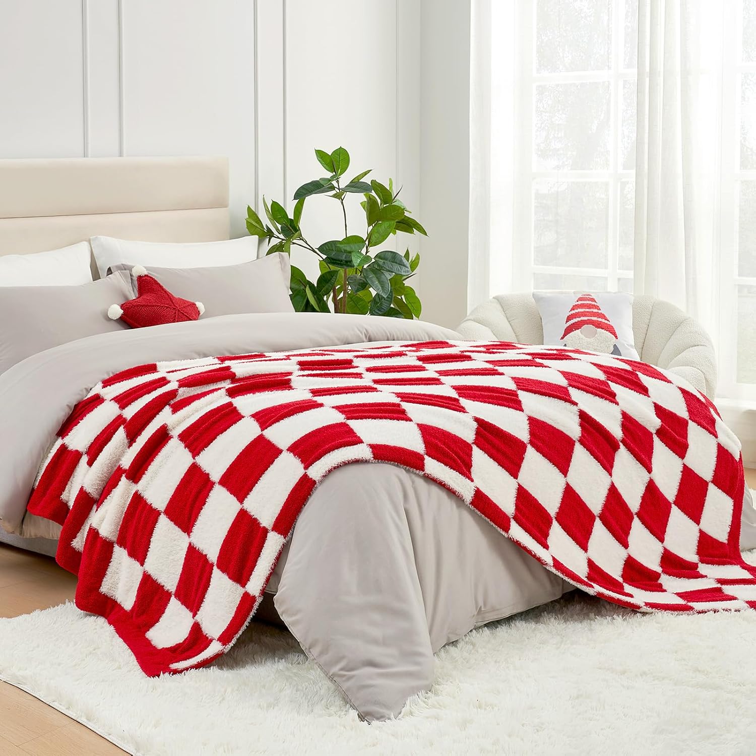 Snuggle Sac Faux Fur Checkered Blanket Twin Size with Soft Knitted Microfiber Fabric,Cozy Soft Warm Blanket for Sofa Bedroom Living Room, Red Checker,60x80 inches