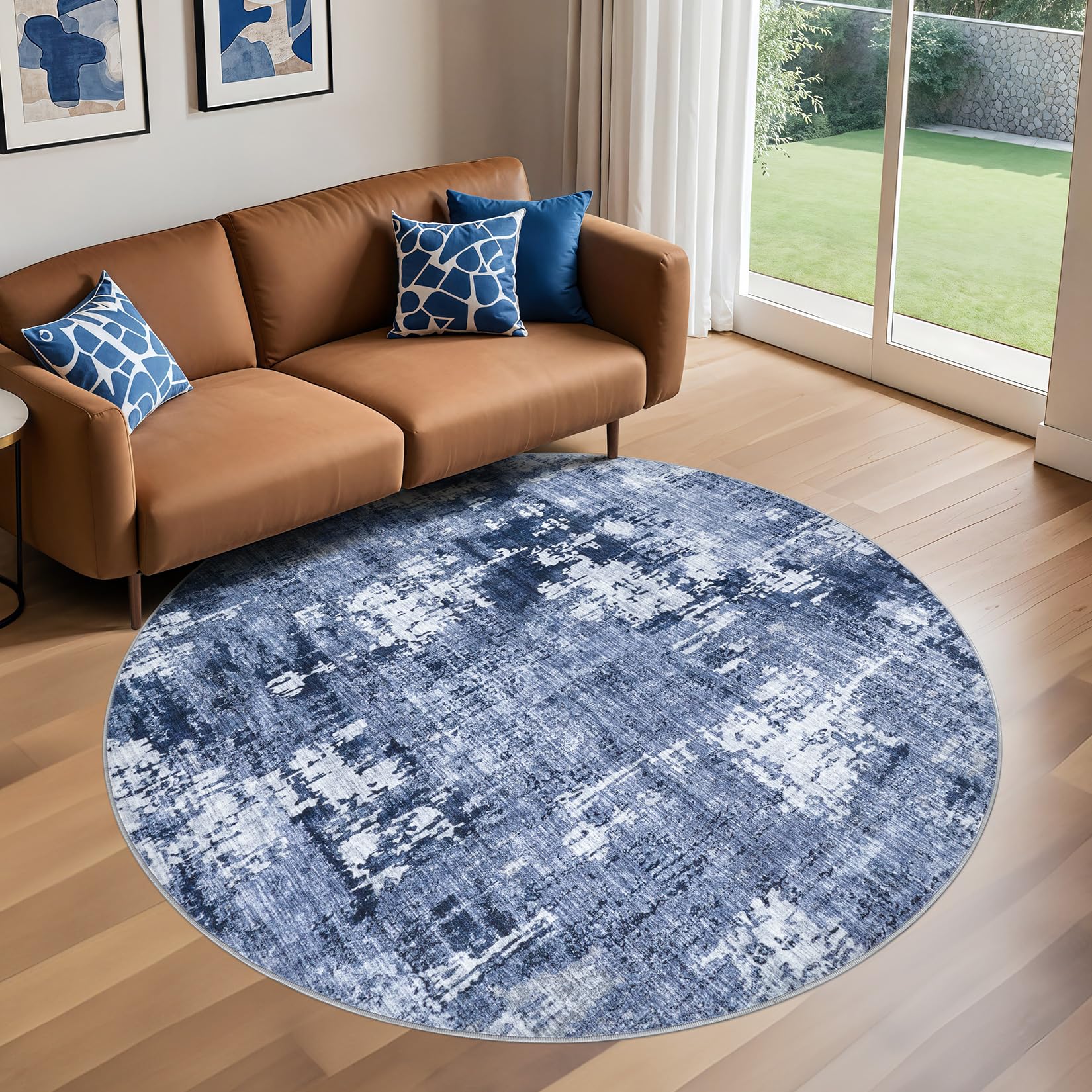 DMOYEST 5ft Round Area Rug Living Room Rugs - 5x5 Washable Large Soft Indoor Neutral Modern Abstract Low Pile Rug Carpet for Bedroom Dining Room