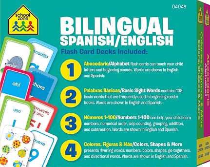 School Zone Preschool Spanish Bilingual 4-Pack Flash Cards: 224 Cards, Tarjetas de Indice Bilingues Espanol/Ingles, Alphabet, Sight Words,: Numbers 1-100, Colors & Shapes, Language Immersion, Ages 4+ (Spanish/English Edition)