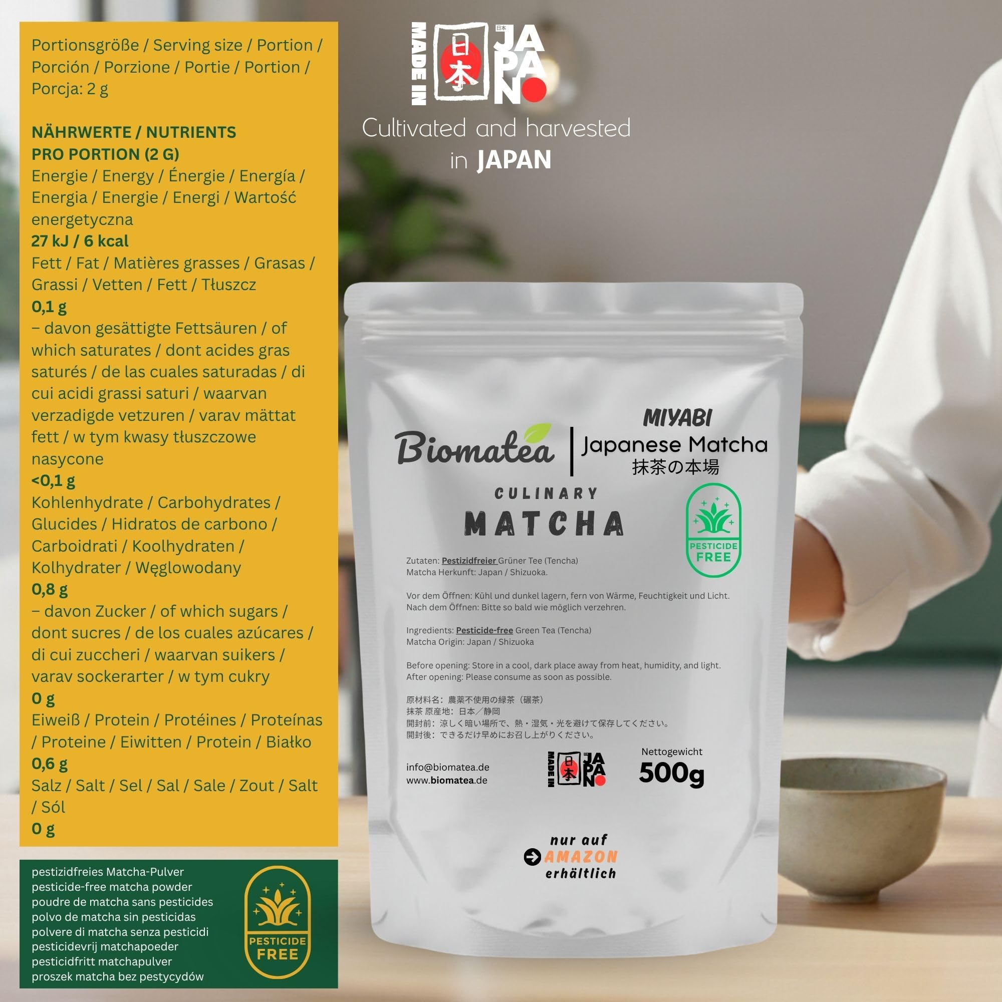 Biomatea Takumi Japanischer Matcha Tee Pulver | 500g Vorratspack | Leuchtend Grün, cremig, ohne Bitterkeit, Umami | Tencha Grüner Tee Pulver | ohne Zucker, Vegan