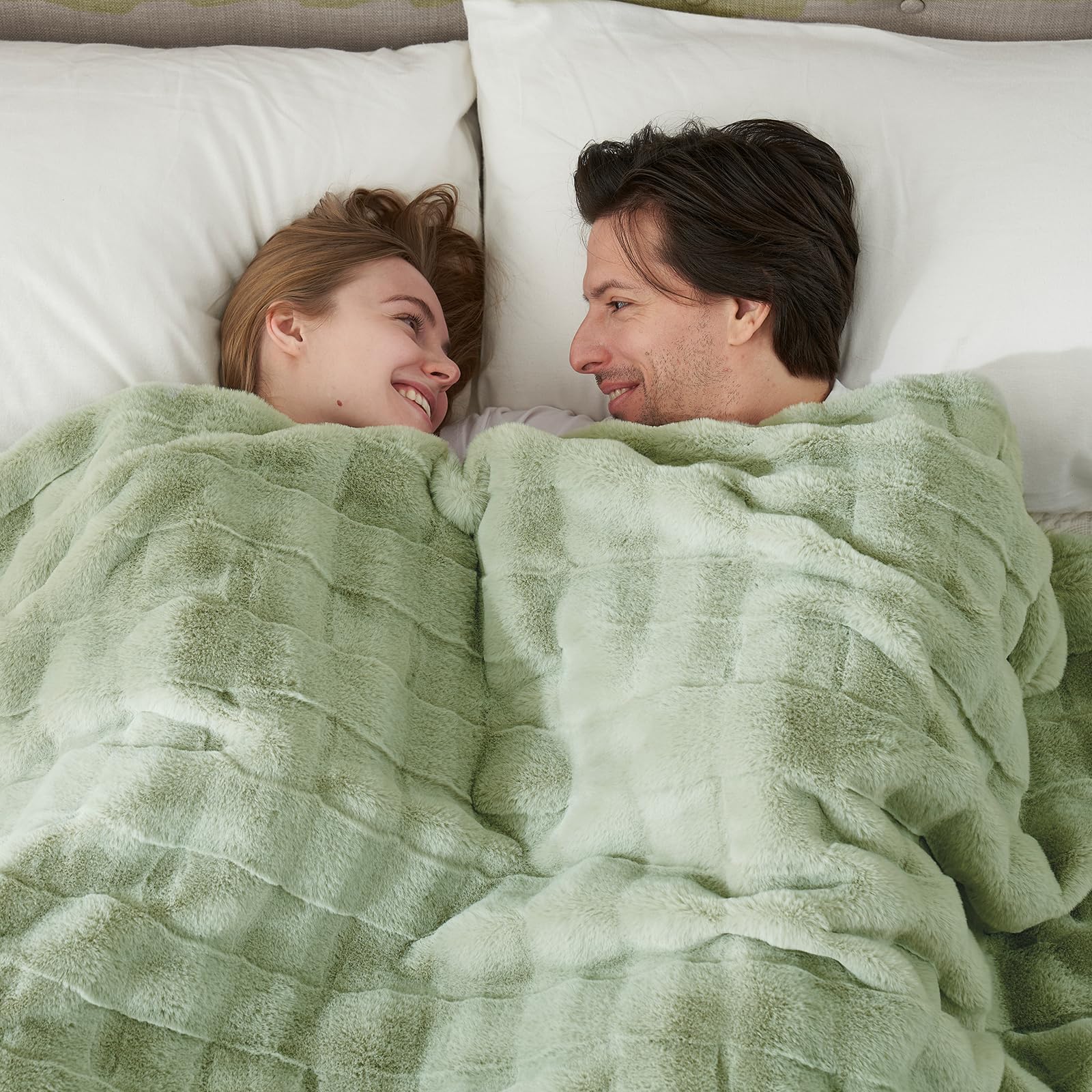 Photo 1 of Cozy Bliss Fluffy Faux Fur Blanket King Size for Bed, Fuzzy Soft Striped Plush Blanket, Thick Throw for Bedroom Couch Gift, 108x90 Inches Sage Green