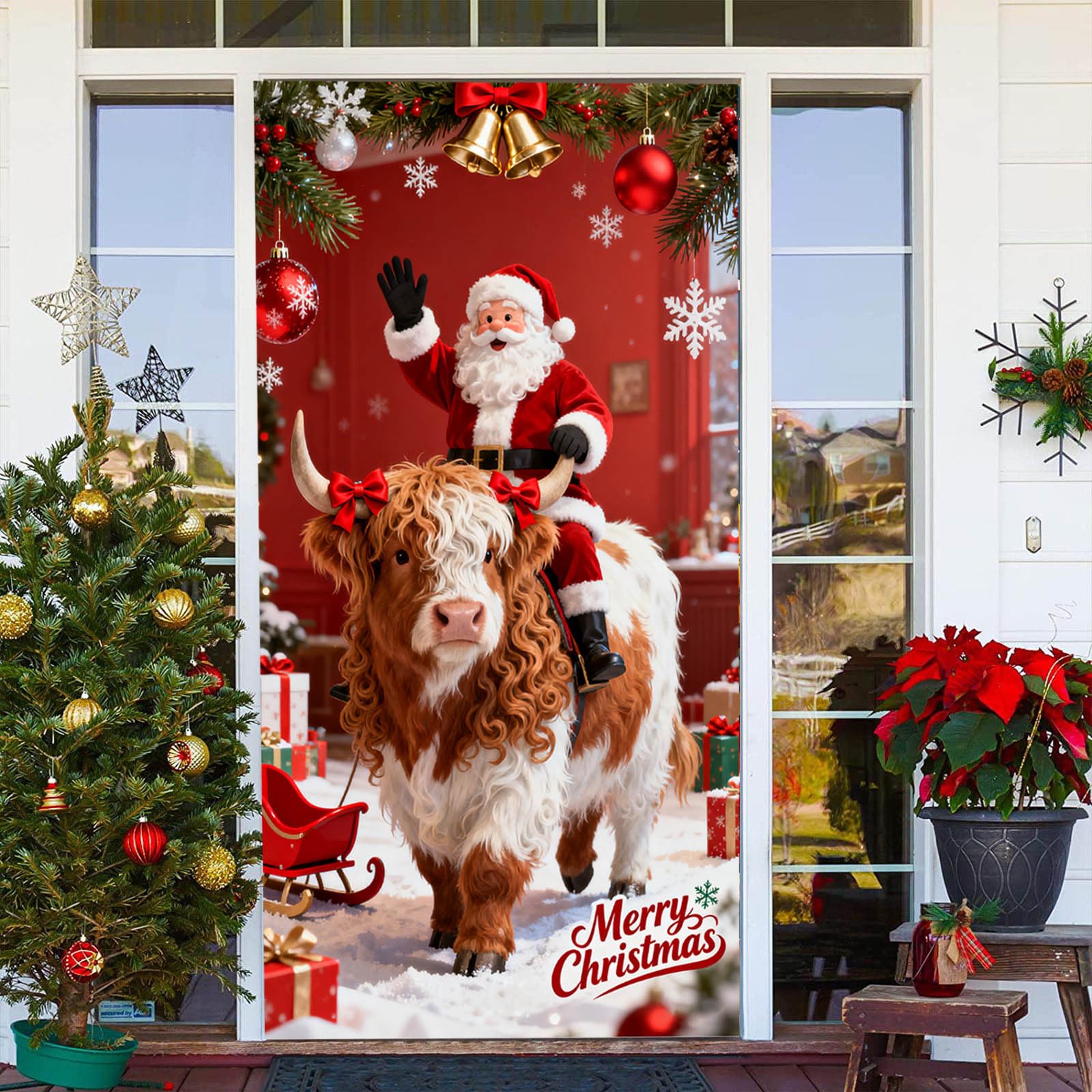 Christmas Door Cover Elastic, 3x7Ft Christmas Front Door Decoration Cover, Xmas Door Covers for Front Doors, Funny Winter Holiday Decoration for Indoor/Outdoor Home Kitchen (Red_C)