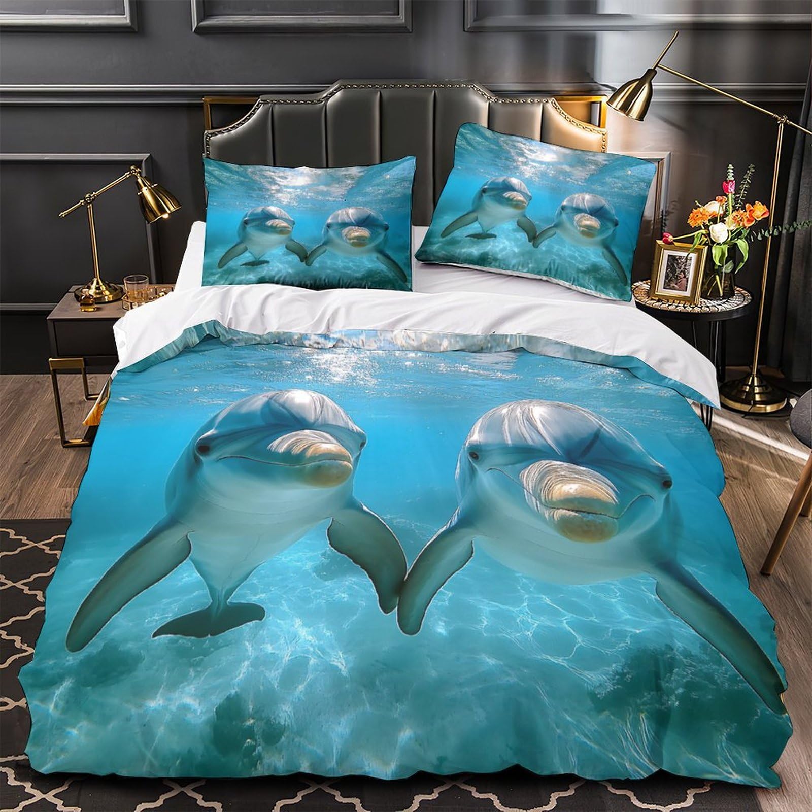 Parure de lit dauphins 140x200cm housse couette microfibre respirante zippée pour adulte
