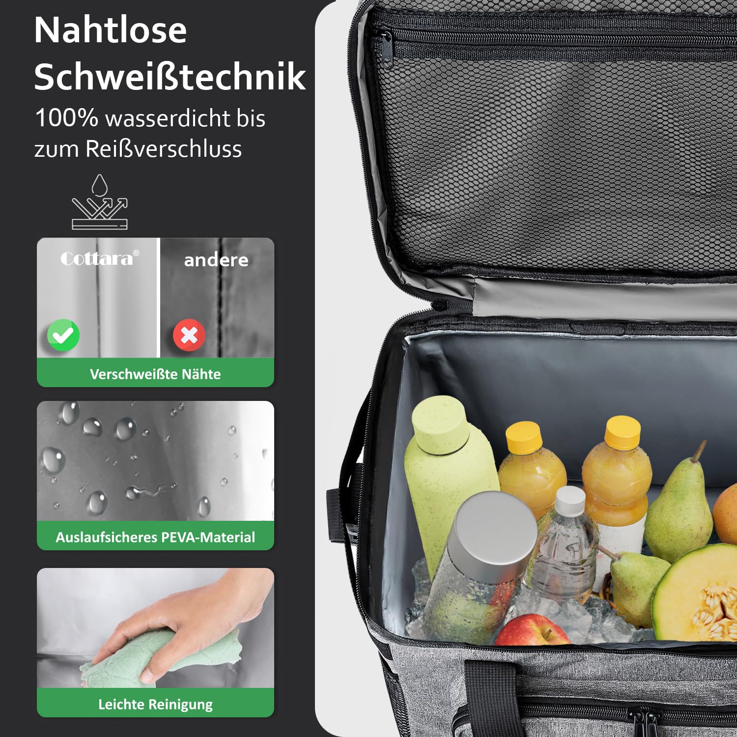 COTTARA® Faltbare Kühltasche groß 30L wasserdicht +12h Frische extra stark isolierte Kühltasche faltbar – Kühlbox, Cooler bag, Lunch bag, Isoliertasche, Thermotasche Picknicktasche – Grau