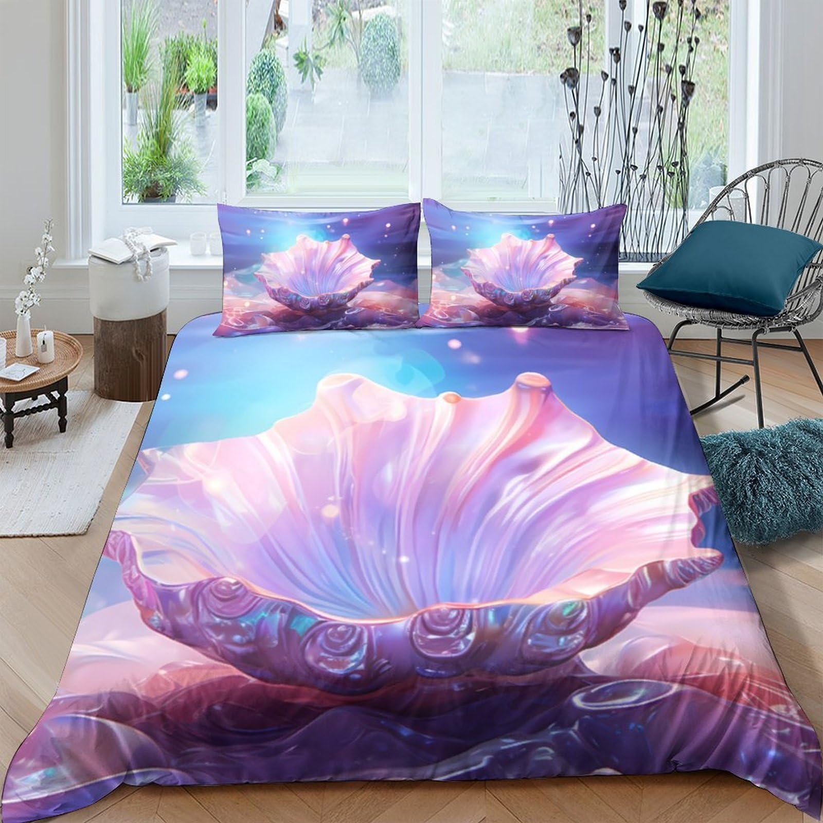 GPLZQXKJNH 3D Printed Seashell Ocean Duvet Cover Set Microfiber Soft Pastel Bedding with 2 Pillowcases for Bedroom Decor Single（135x200cm）