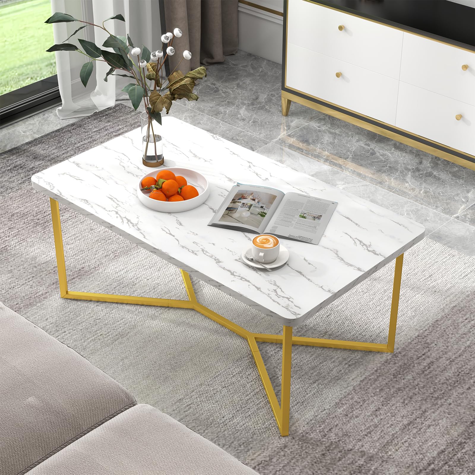 LIFEZEAL Tavolino da Salotto, Oro Bianco, con Effetto di Marmo, Tavolino da Caffè, Tavolino Basso da Divano, Moderno, Telaio in Acciaio, Max 95 kg, per Soggiorno, Montaggio Semplice, 107x60x45,5 cm