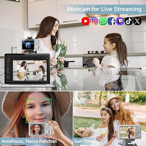 Miniatura 4 de Cámara digital, cámaras digitales de enfoque automático 4K 44MP 2025 para adolescentes, cámara plateada de punto y disparo para niños con zoom de