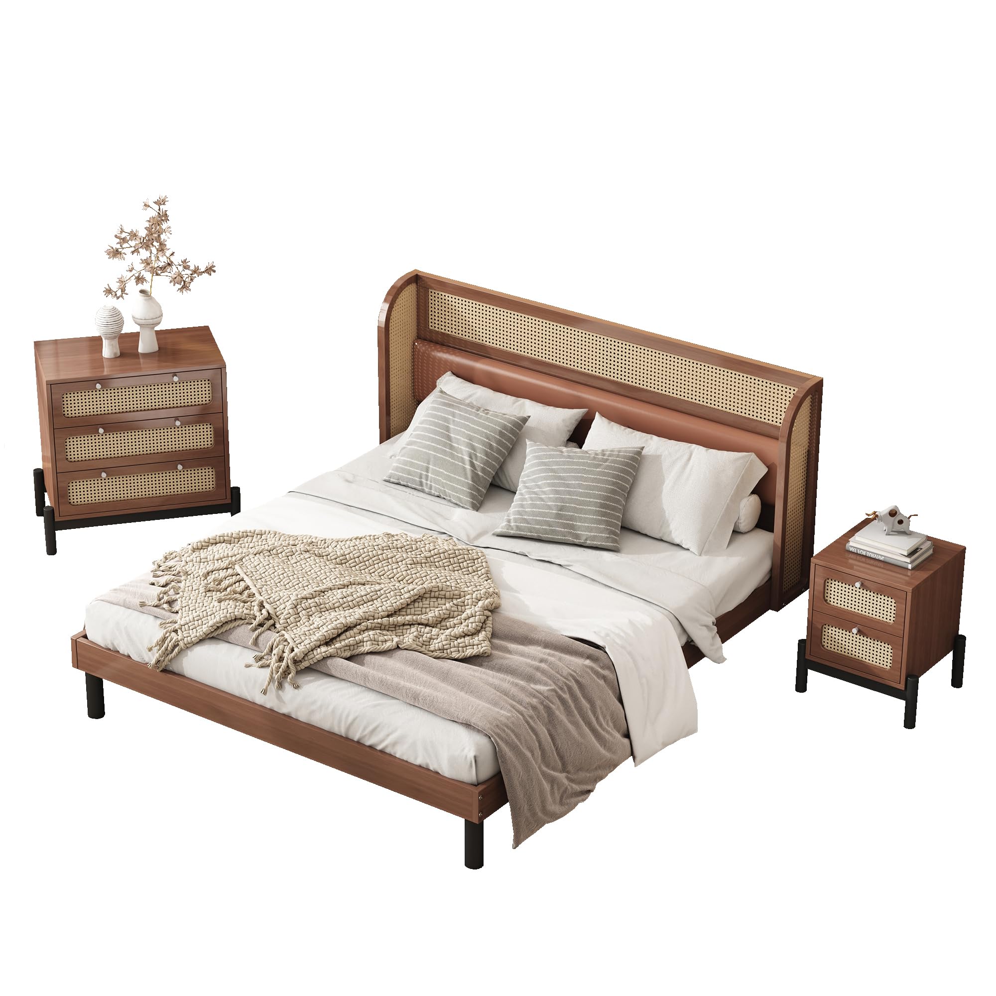 Set di 3 camere da letto complete, in rattan moderno, letto matrimoniale, comodino+cassettiera, 160 x 200 cm, letto matrimoniale con imbottitura in poliuretano e rattan, comodino con 2 cassetti,