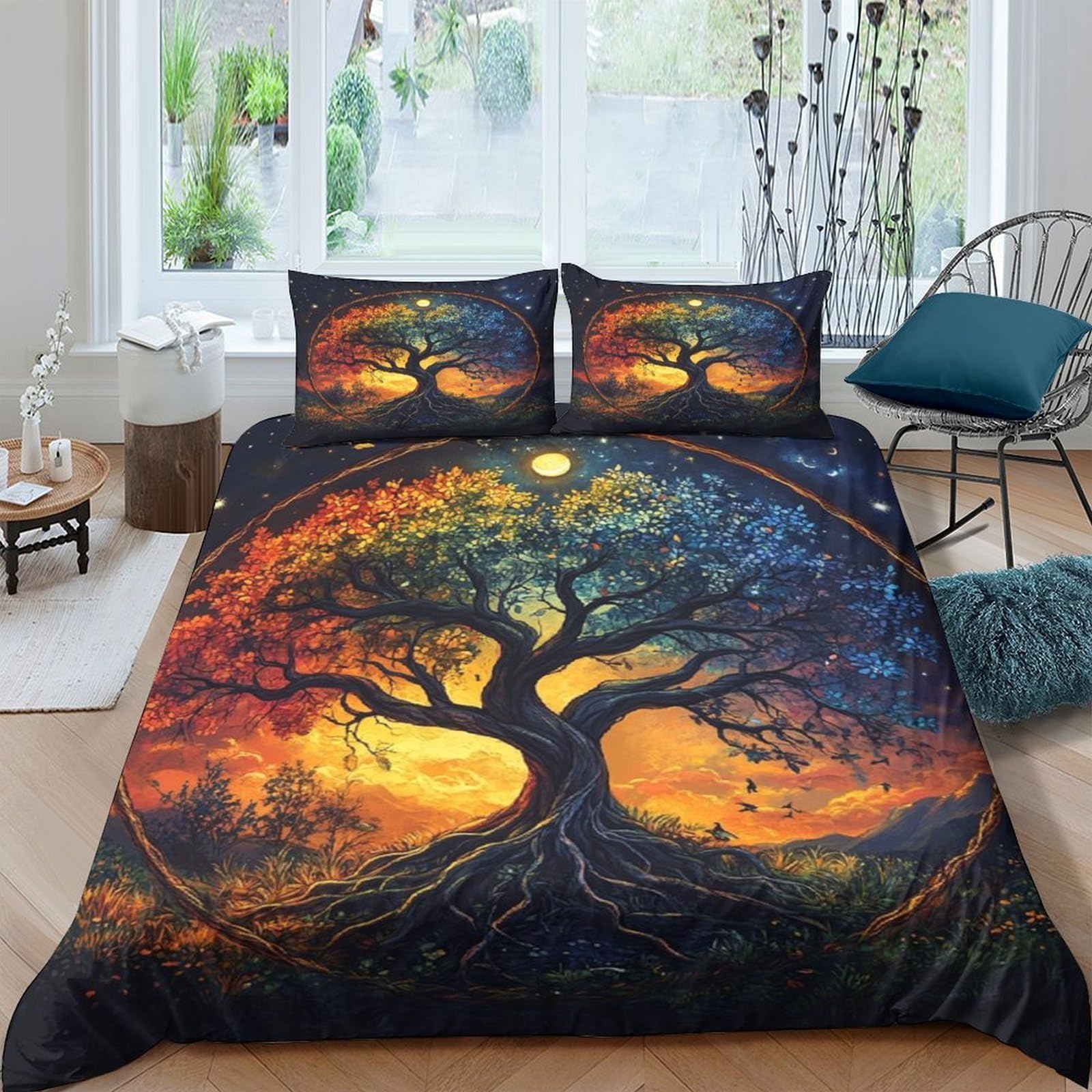 Ctjqhvkz Style-1 3D Printed Sunset Tree Fitted Sheet Microfiber Soft Breathable Night Forest Mattress Cover Bedroom Decor Single（135X200cm）