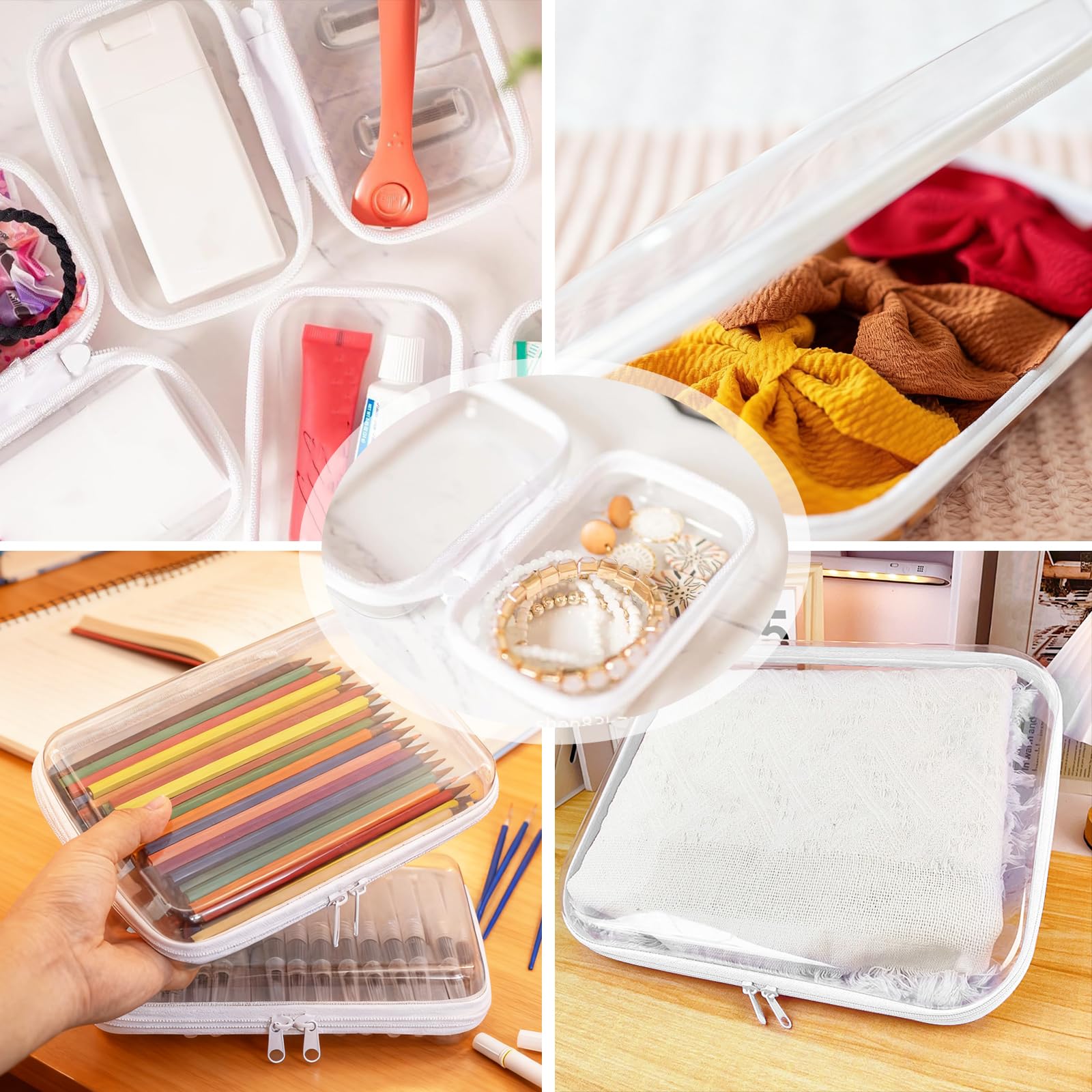 Borse Portaoggetti, 8 Pezzi Borsa Rigida con Doppie Cerniera Scatola Trasparente con Cerniera in 4 Misure Trousse Trucchi Donna in Plastica per Giocattoli Cosmetici Articoli da Toeletta
