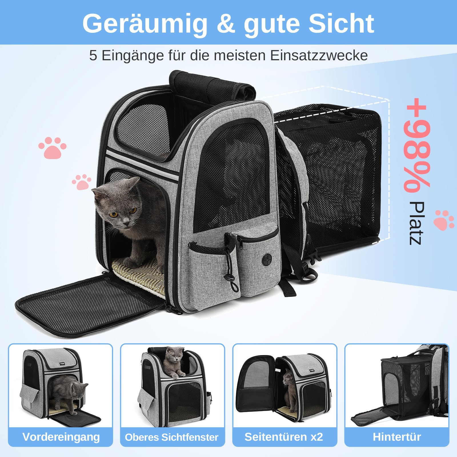 Erweiterbar Katzenrucksack mit Netzfenster, Tragbare und Faltbare Haustier Rucksack mit Innerer Sicherheitsleine und Haustierunterlage für Katzen Hunde bis 17 lbs (8 kg) Wandern, Walken (Grau)