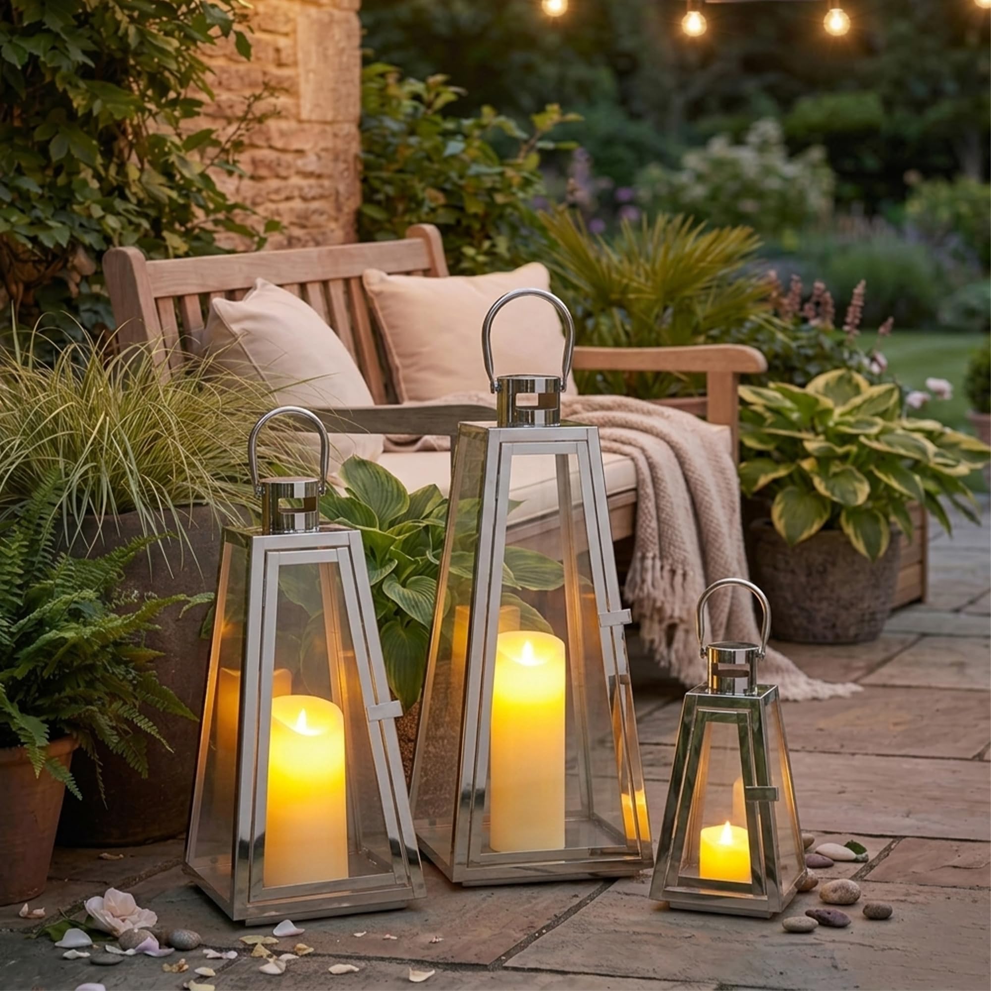 TRIROCKS Set de 3 Lanternes en Acier Inoxydable 54/40/27,5 cm Haut, Porte-Bougie Métallique avec Verre Trempé Argent
