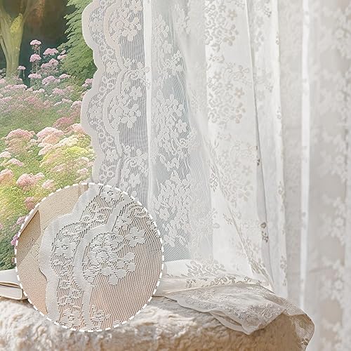 Anmao Juego de 2 paneles de cortinas de encaje blanco vintage de 84 pulgadas de largo, cortinas de encaje grueso semitransparentes elegantes y
