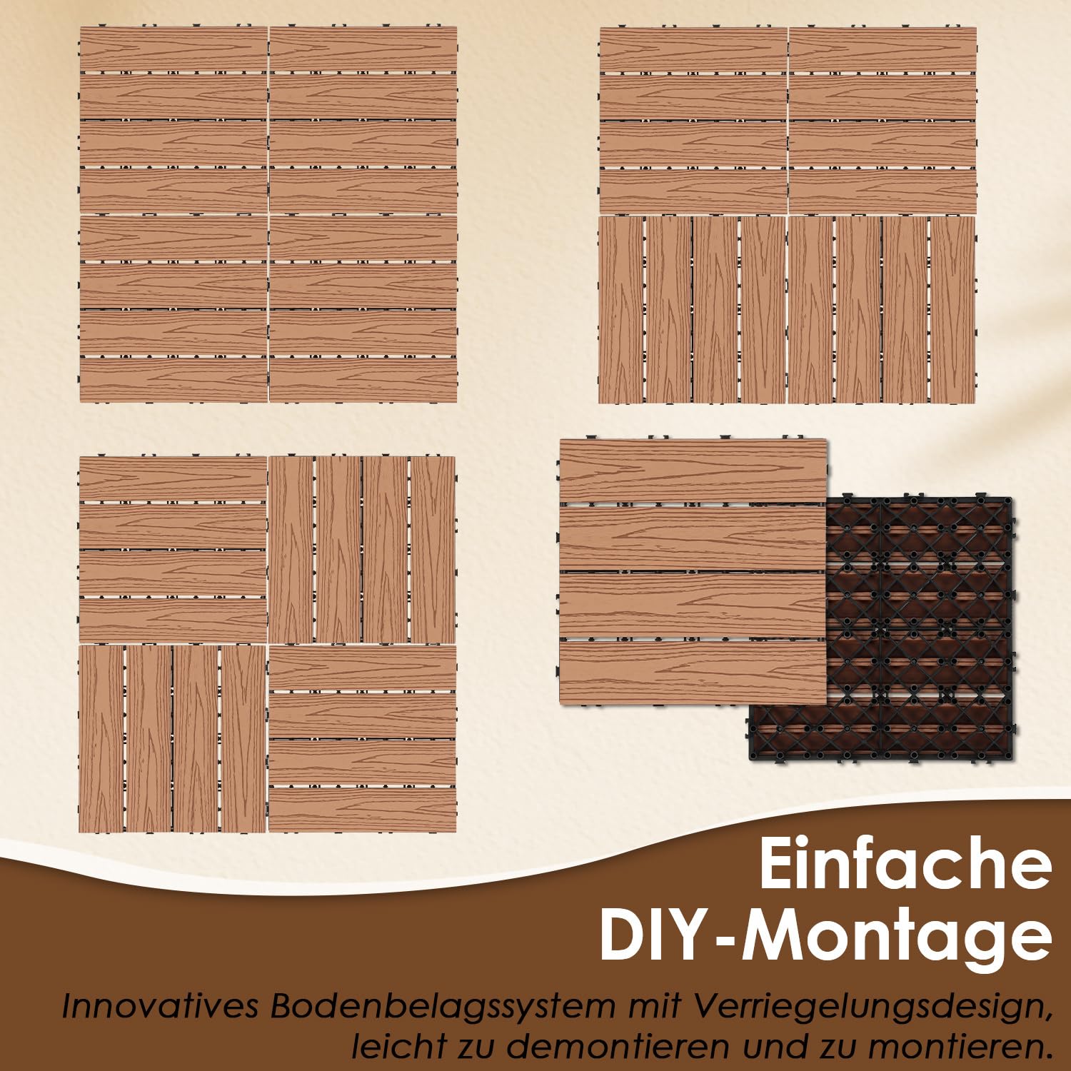 Piastrelle in WPC, 30 x 30 cm, effetto legno, set da 33 pezzi, per 3 m², per balcone con drenaggio, impermeabile e antiscivolo, marrone
