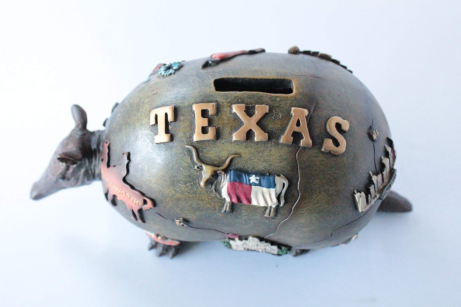 Texas Map Rustic Armadillo Piggy Bank Hand Painted Accented with Texas Attractions