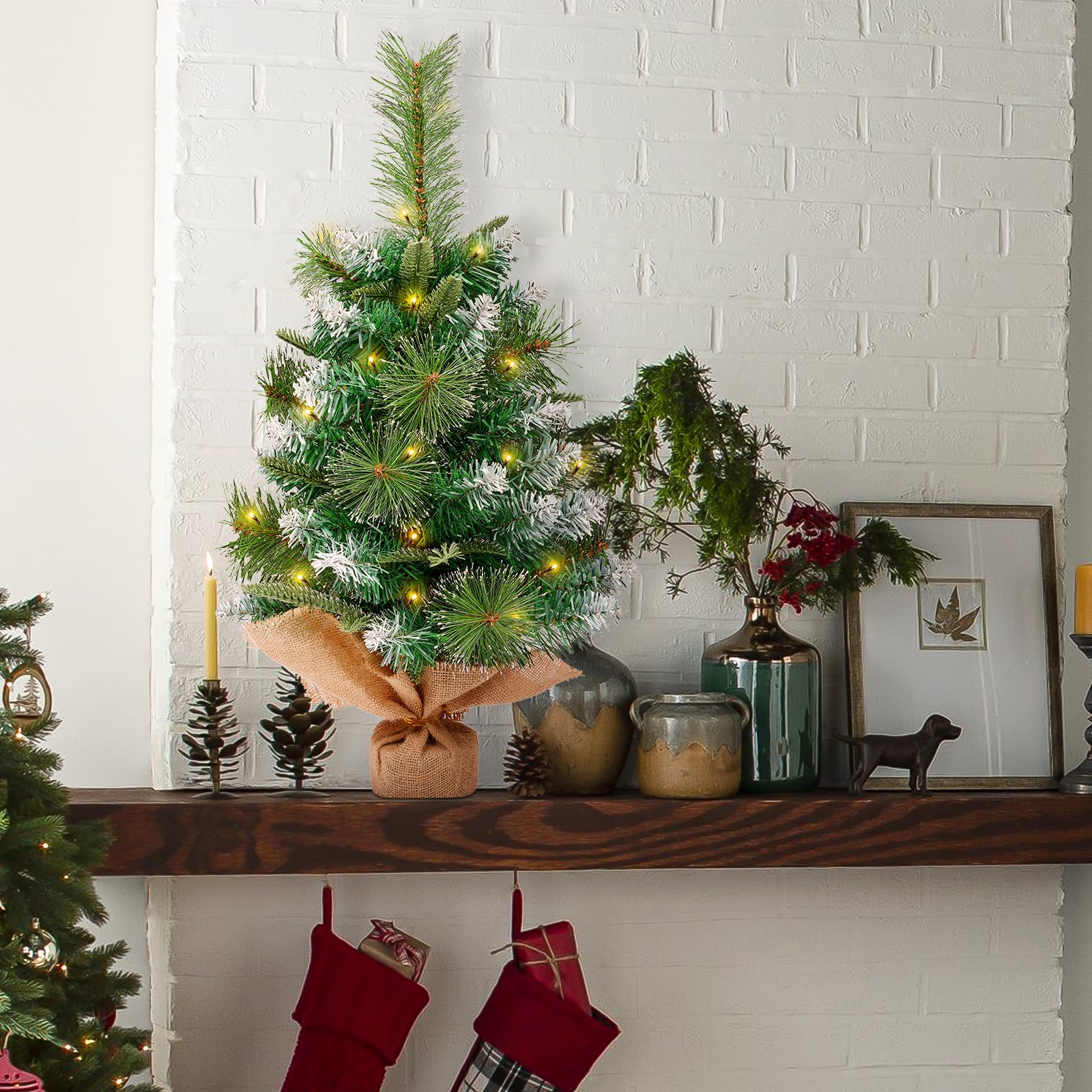 Árbol de Navidad Artificial pequeño de 60 cm con Base de Lino, para decoración de Mesa, hogar, Oficina, Cocina, Comedor, Escritorio