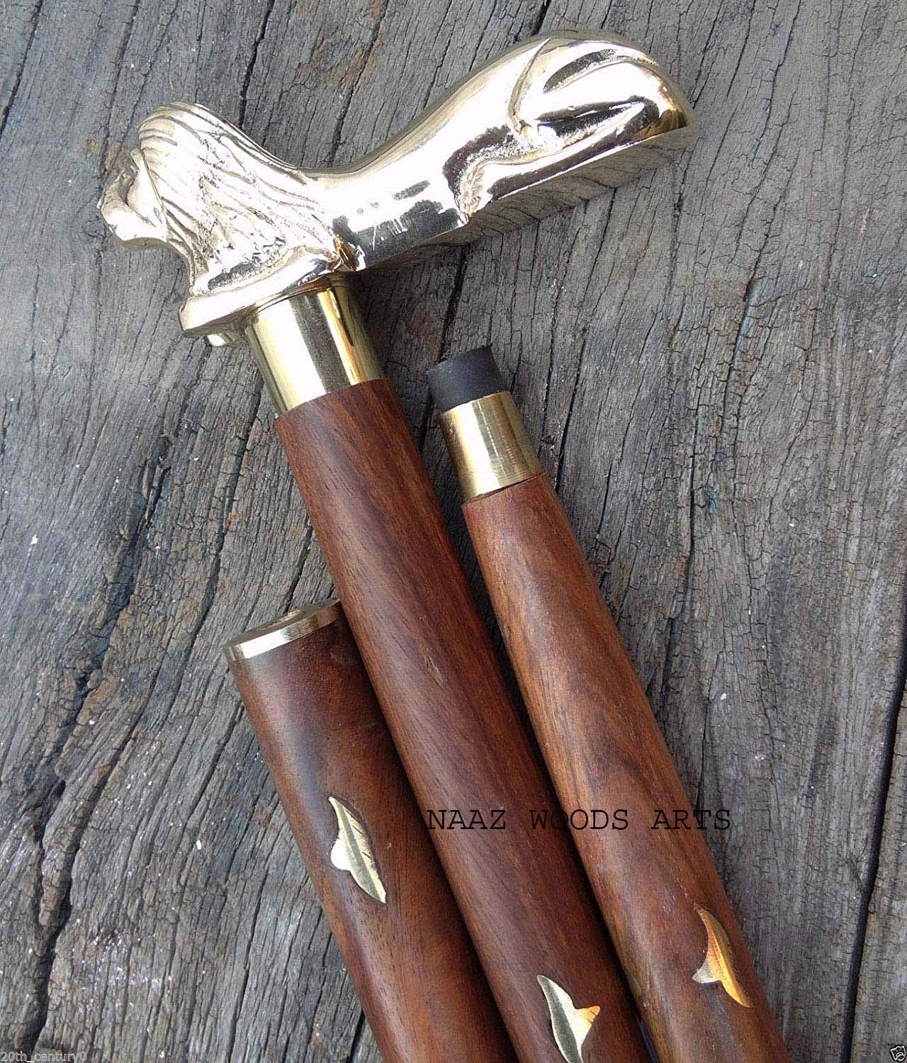 Naaz Wood Arts® Solid Brass Lion Head Handle Designer Wooden Walking Cane