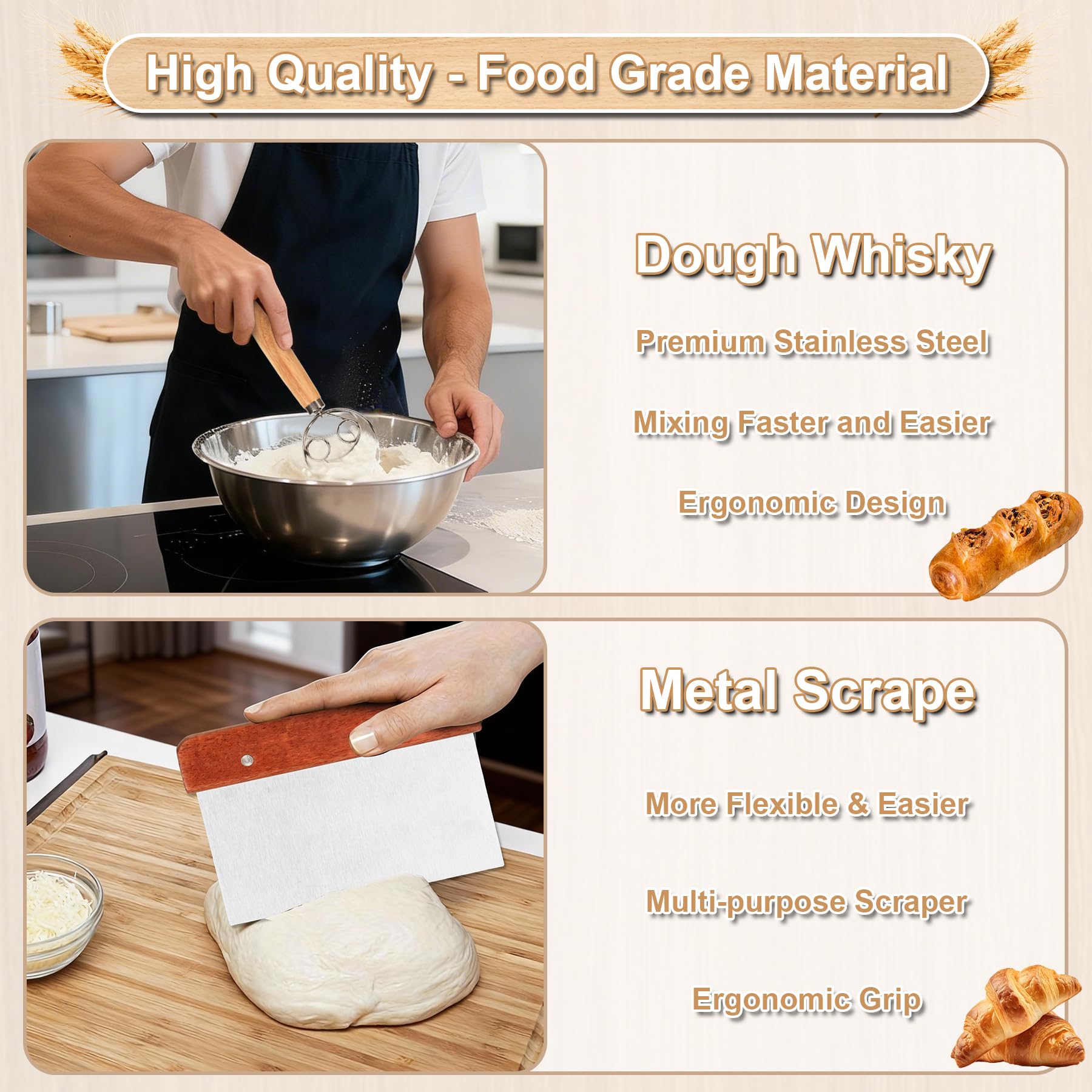 Cestino per Lievitazione del Pane Set,23 cm, Rotondi e 25 cm, Ovali, 100% Rattan Naturale, con Raschietto per Impasto, Inserto in Lino, Frusta per Pasta e Pane Zoppo, Accessorio