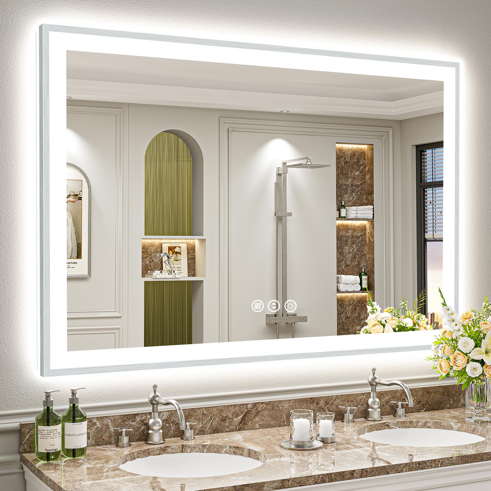 55x40 Brushed Nickel LED Bathroom Mirror with Lights, Backlit &amp; Front-Lit, Anti-Fog, Framed Lighted Vanity Mirrors for Bathroom Wall, Dimmable, 3 Colors, Memory, Shatter-Proof, Tempered Glass