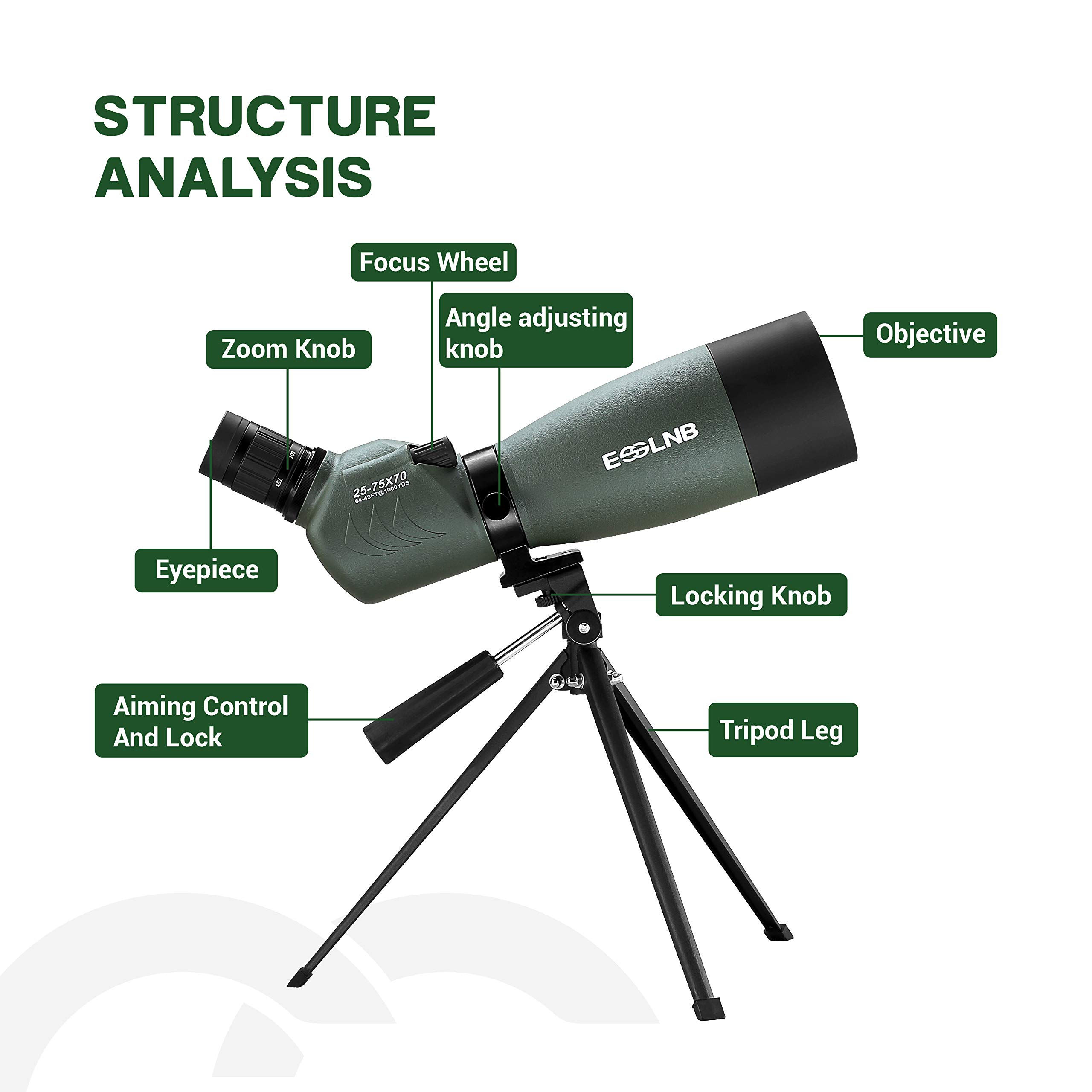ESSLNB Telescopio Terrestre 25-75X70 Impermeable Telescopios Terrestres con Trípode Teléfono Inteligente y Bolso BAK4 Prisma para la Observación de Aves Tiro al Blanco