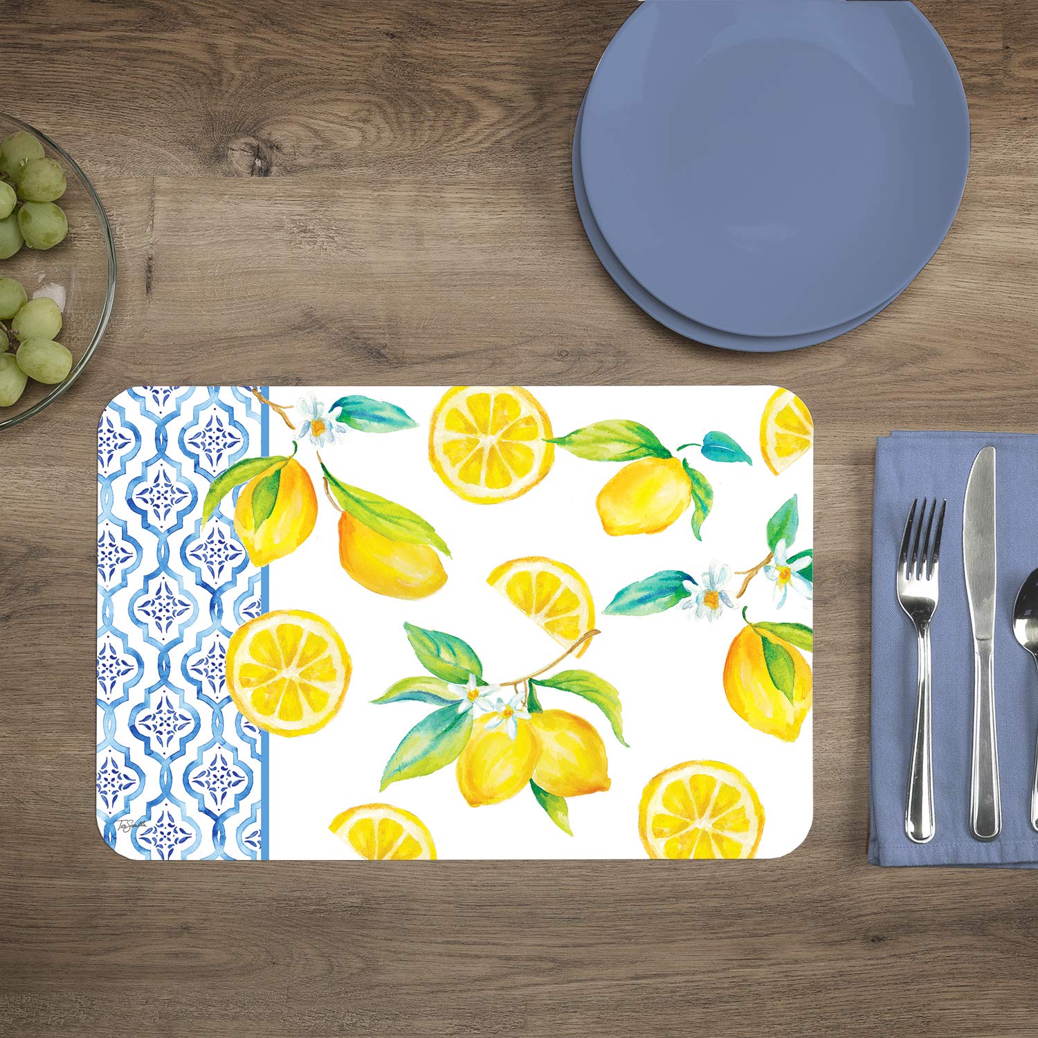 First Dawn Wipe-Clean Reversible Decofoam Placemats, Lovely Lemons, Set of 2, Made in The USA