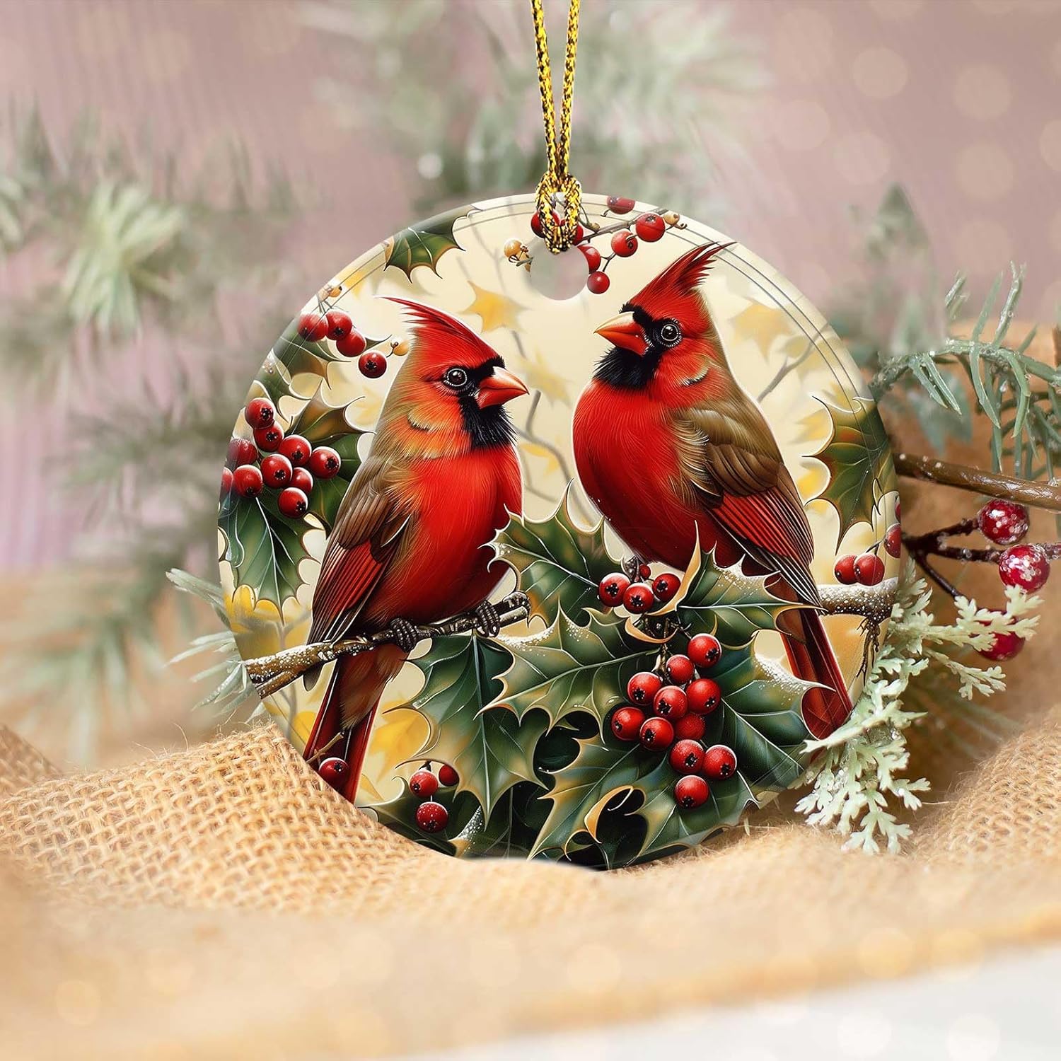 Cardinal Red Berry Ornaments Round Ceramic Hanging Ornament Christmas Keepsake Decor for Xmas Tree Winter Holiday Xmas Gift for Women Men 3" - Image 4