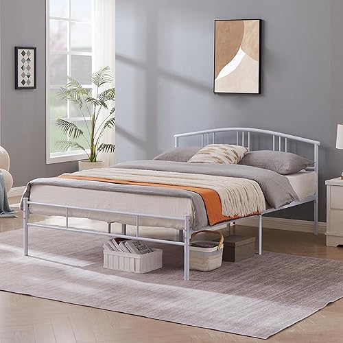Miniatura 3 de VECELO Base de cama Queen de 14 pulgadas, base de colchón de plataforma de metal blanca con cabecero de soporte de listones de acero, no necesita