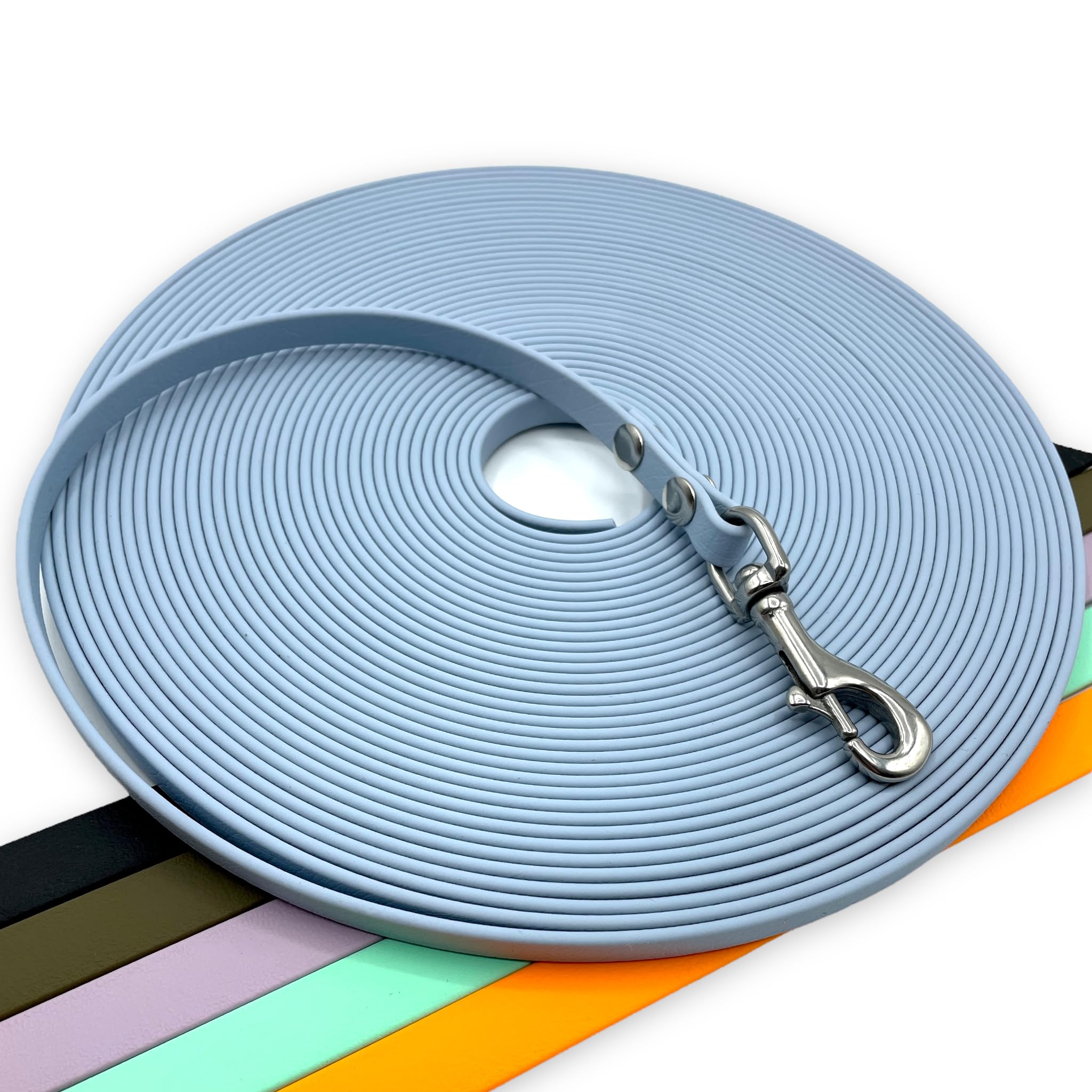 BioThane® Schleppleine für Hunde, 5m-15m, Wasserfest, mit Edelstahlkarabiner oder Messingkarabiner (Hellblau, Länge: 10m)