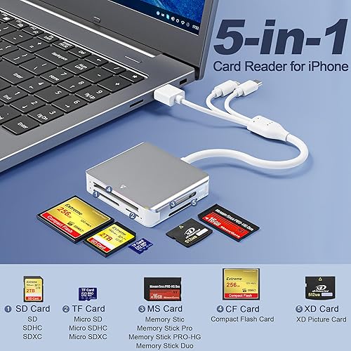 Miniatura 3 de Adaptador de Memory Stick Pro Duo 5 en 1, lector de tarjetas SD USB C para iPhone con conectores Lightning/USB-C/USB 3.0, compatible con tarjetas