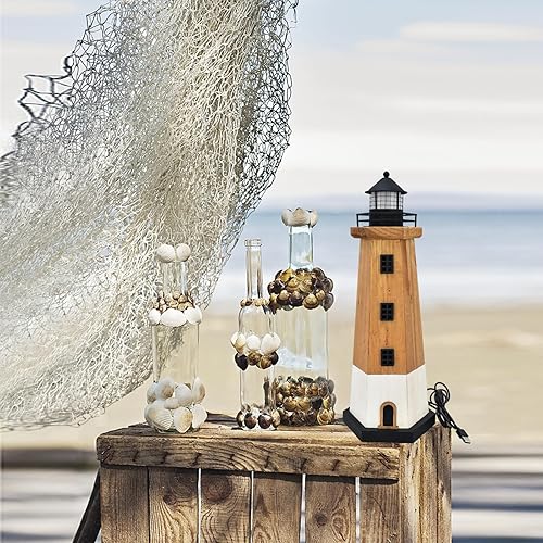 Miniatura 5 de Faro de madera con luz para decoración de playa para el hogar, estatua de faro LED alimentado por USB, escultura de madera, adorno de mesa para