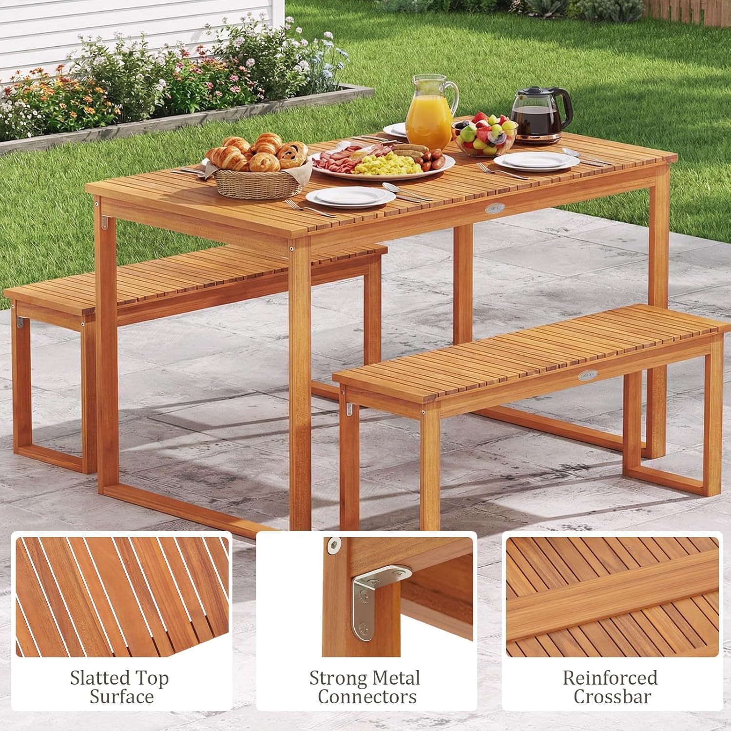Tangkula Acacia Wood Outdoor Bench Backless, 2-Person Wood Patio Bench with Slatted Seat, Outdoor Backless Dining Bench for Backyard, Poolside, Porch (43.5")