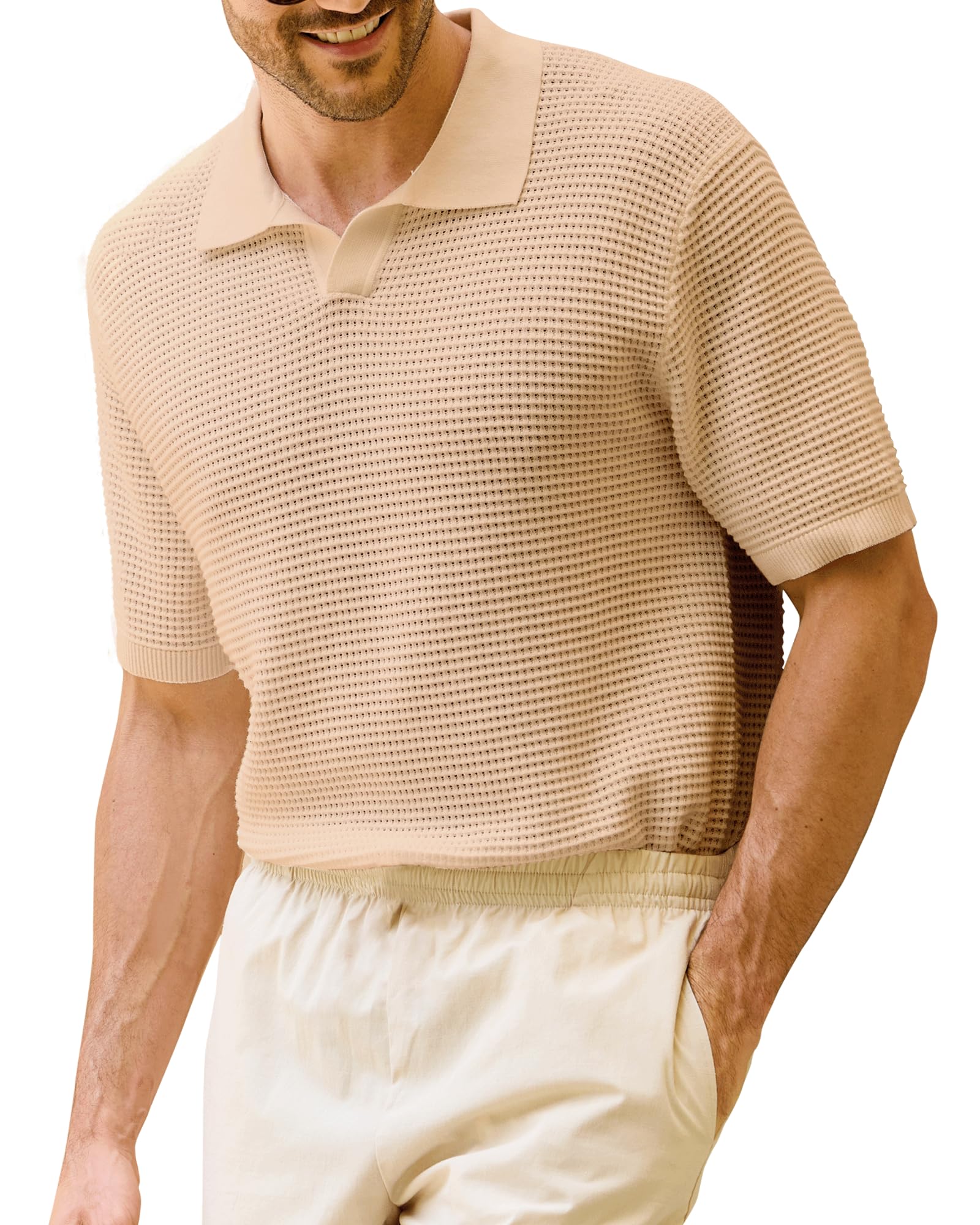 Kallspin Mens Polo Shirts Knit Textured Short Sleeve Cotton T Shirt Casual Summer Beach Top Collared Golf Shirts