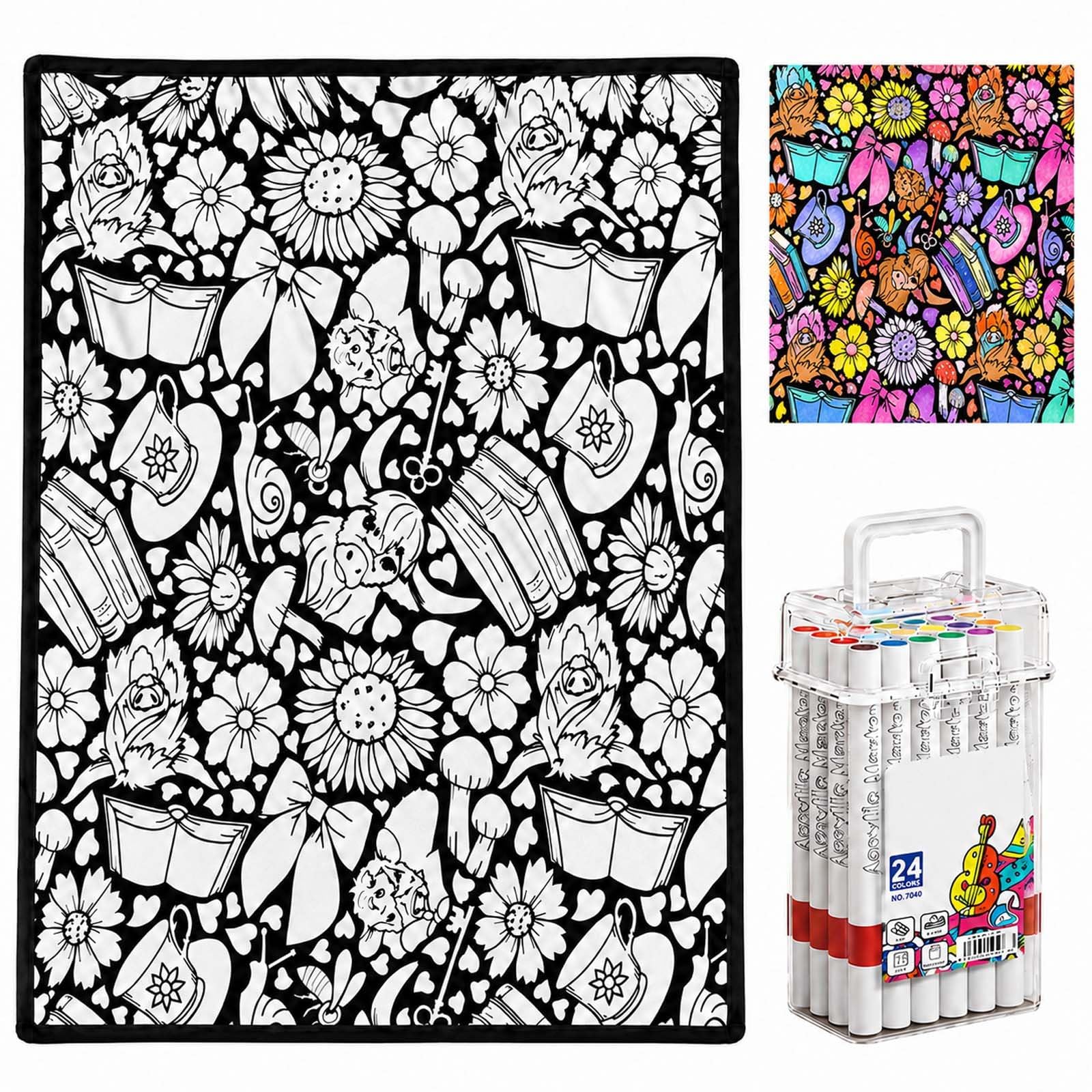 ZHAOYUHP DIY Colouring Blanket Highland Cow, 150x125cm with 24 Markers
