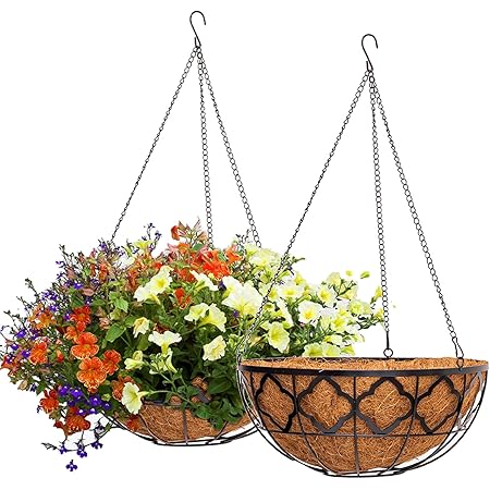 Amazon Com 2 件圓形懸掛花盆籃帶coco Coir 內襯 Y M 12 吋金屬圓絲植物架附鏈門廊裝飾花盆掛架花園裝飾室內戶外澆水籃