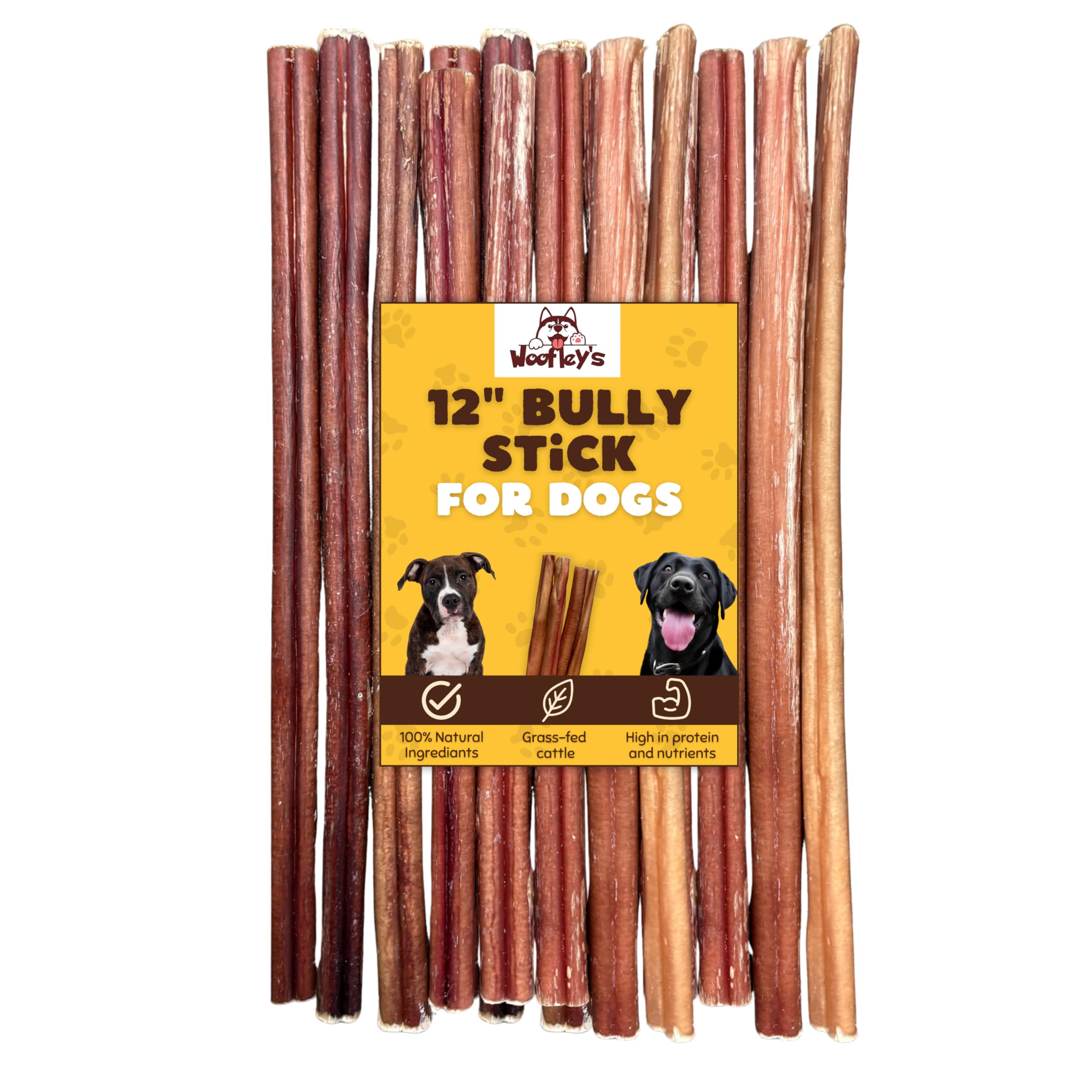 Woofley's 12" Regular Sized Buffalo Bully Sticks - (12 Count) - Bully Sticks for Dogs - Long Lasting Bully Stick Dog Chews