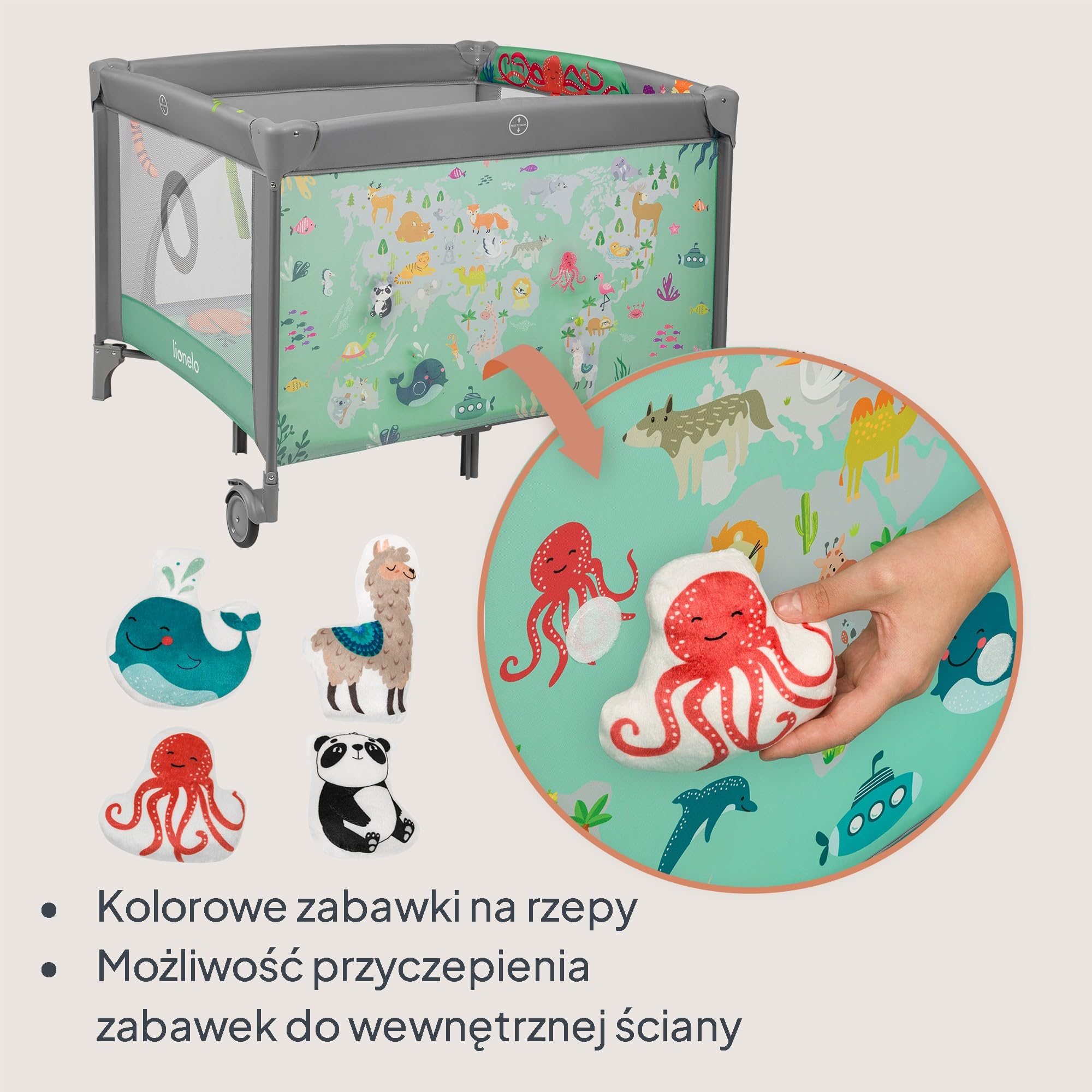 LIONELO Kojec dziecięcy MILLE PLUS do 15 kg 0-36 miesięcy, Boczne Wejście, Materac 3D, 2 Koła z Hamulcem Łatwe Składanie, Torba Transportowa