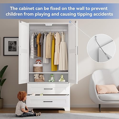 Miniatura 6 de Armario de madera con cajones, armarios de dormitorio con puerta y estantes, armario independiente de almacenamiento de ropa con barra para colgar