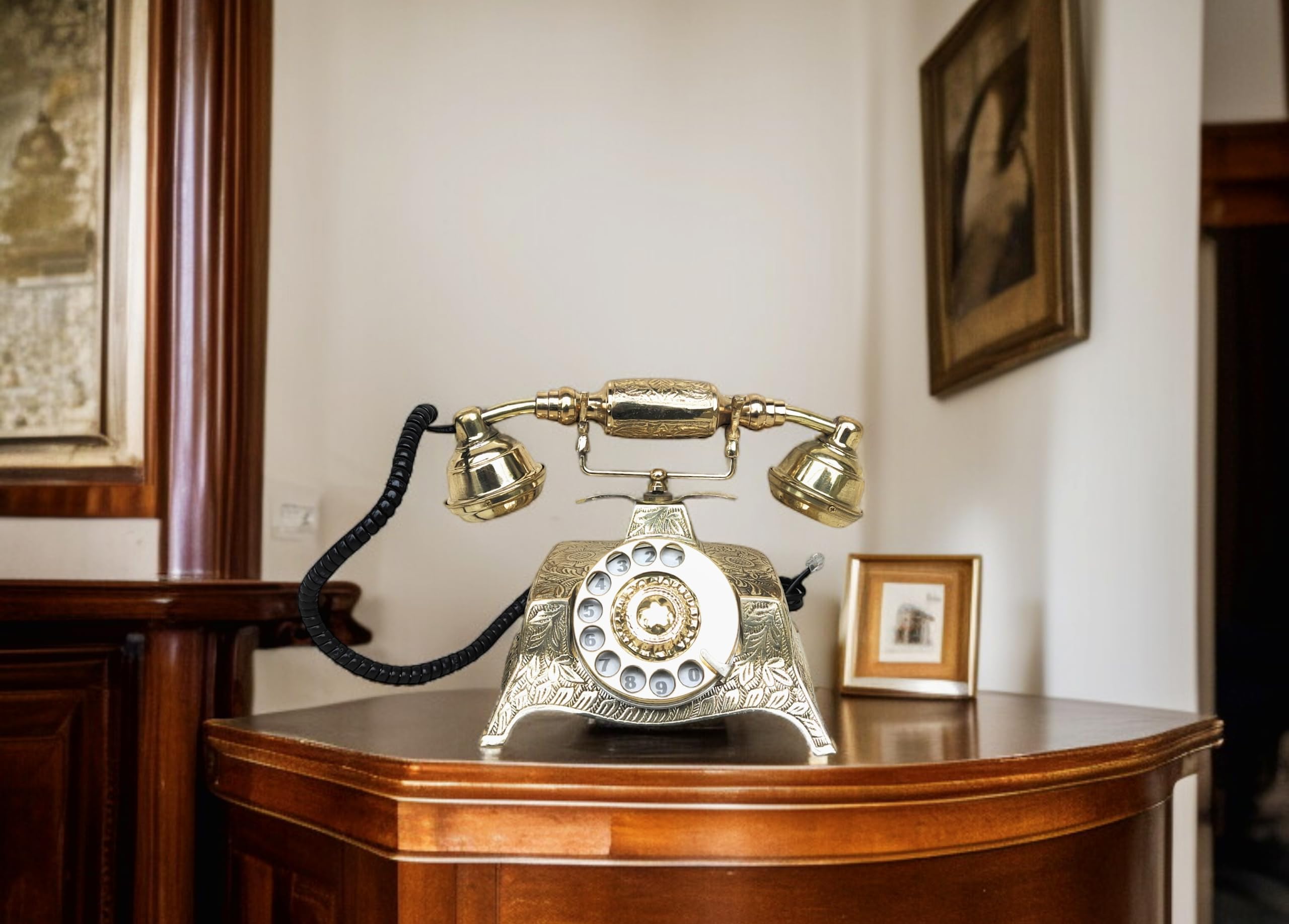 Shiny Embosed Work Brass Desk Square Shape Phone Fully Handmade Design Working Vintage Look Perfect Home Decorative Phone landline Telephone Vintage Collection Royal Brass Antique Telephone-image-5