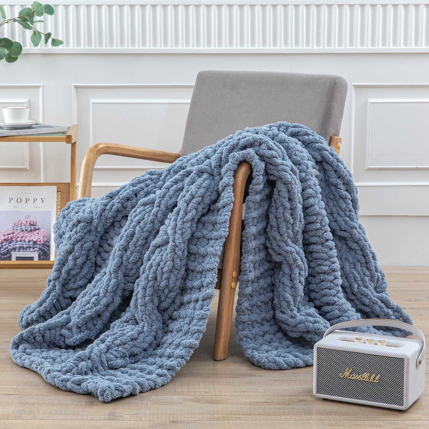 WESHIONGOO Chunky Knit Blanket Throw 50"×60" Knitted Throw Blankets for Couch Bed Fluffy Soft Blanket with Jumbo Chenille Yarn Thick 100% Handmade (Dusty Blue)