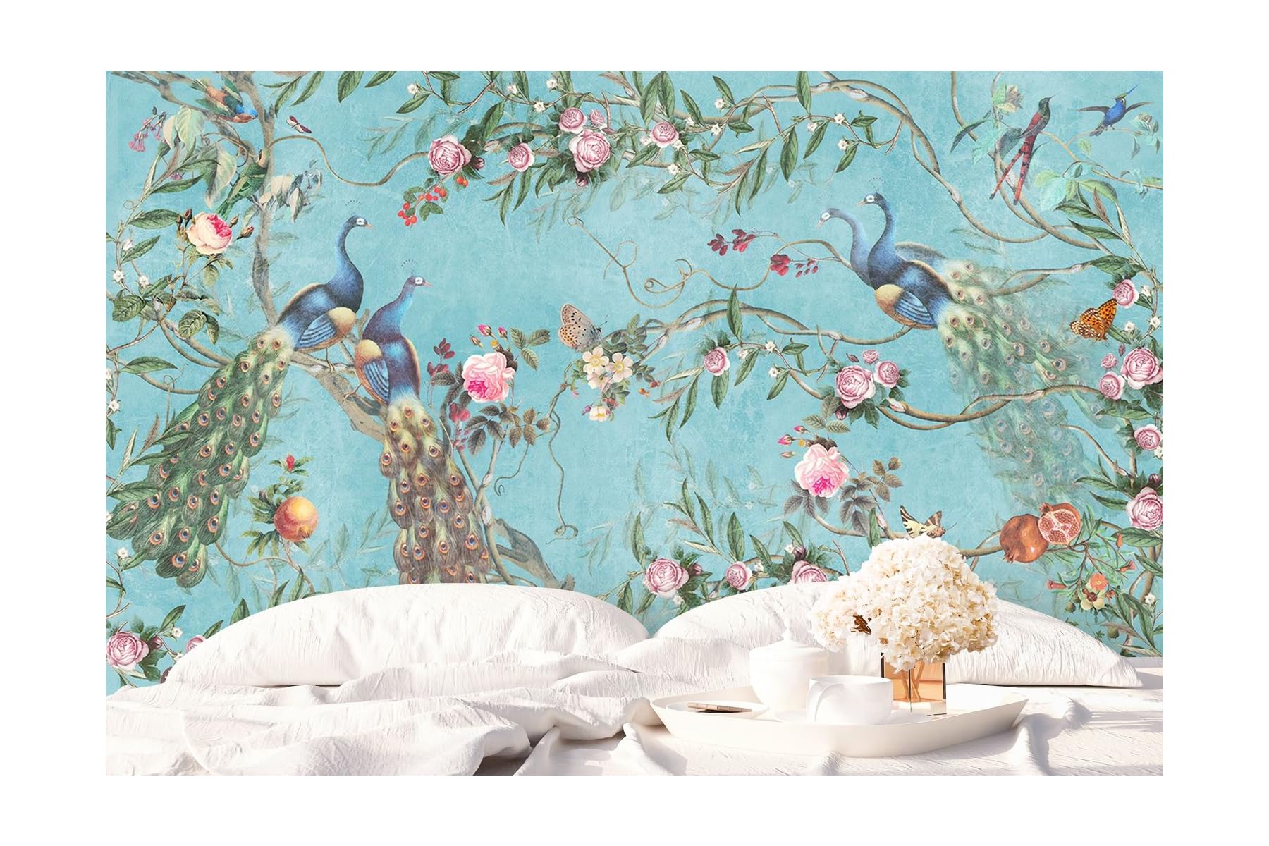 Murwall Peacock Wallpaper Peony Blossom Wall Mural Chinese Floral Wall Print Asiatic Home Decor Cafe Design
