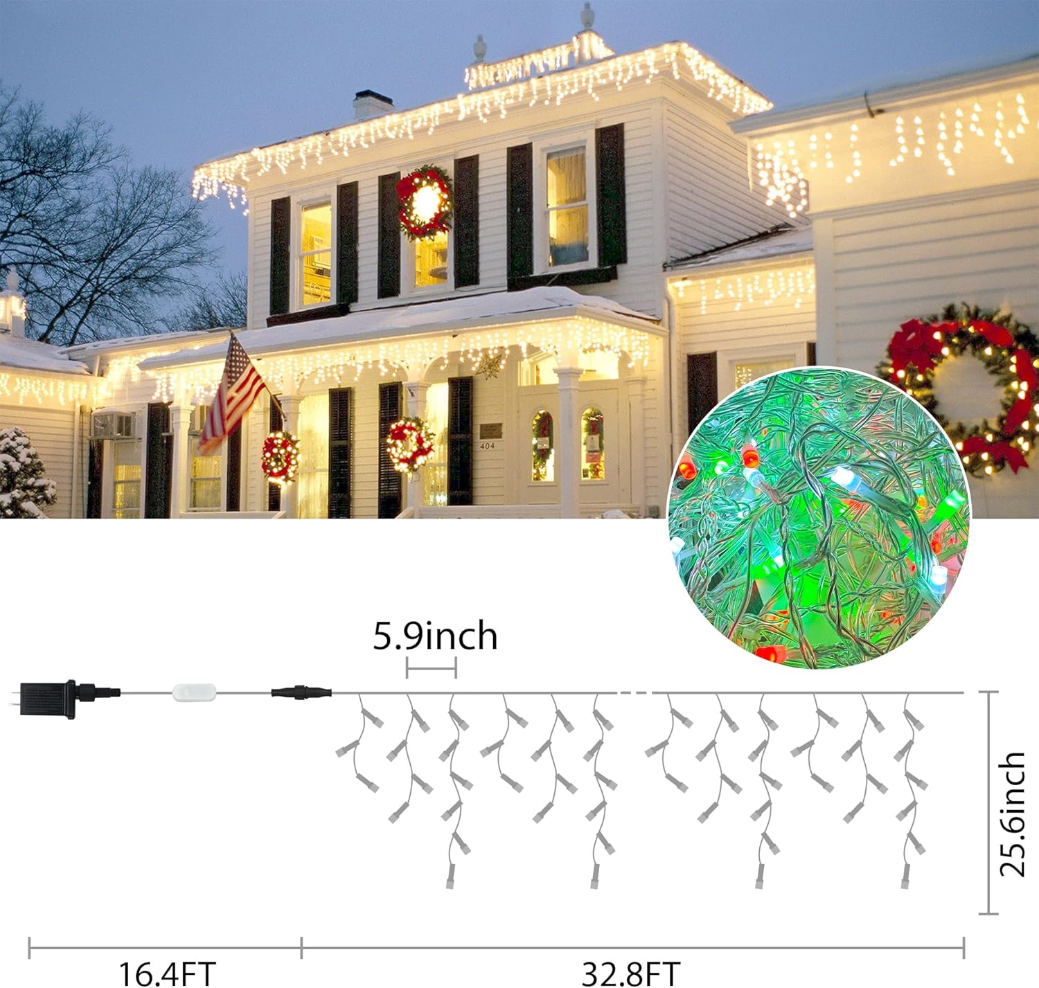 Smart RGB Icicle Lights Outside 33FT 299LED 69 Drops, App & Remote Control Music Sync Waterproof Christmas Roof String Lights, DIY Color Changing Holiday Yard Decorations for Patio, Party, Wedding