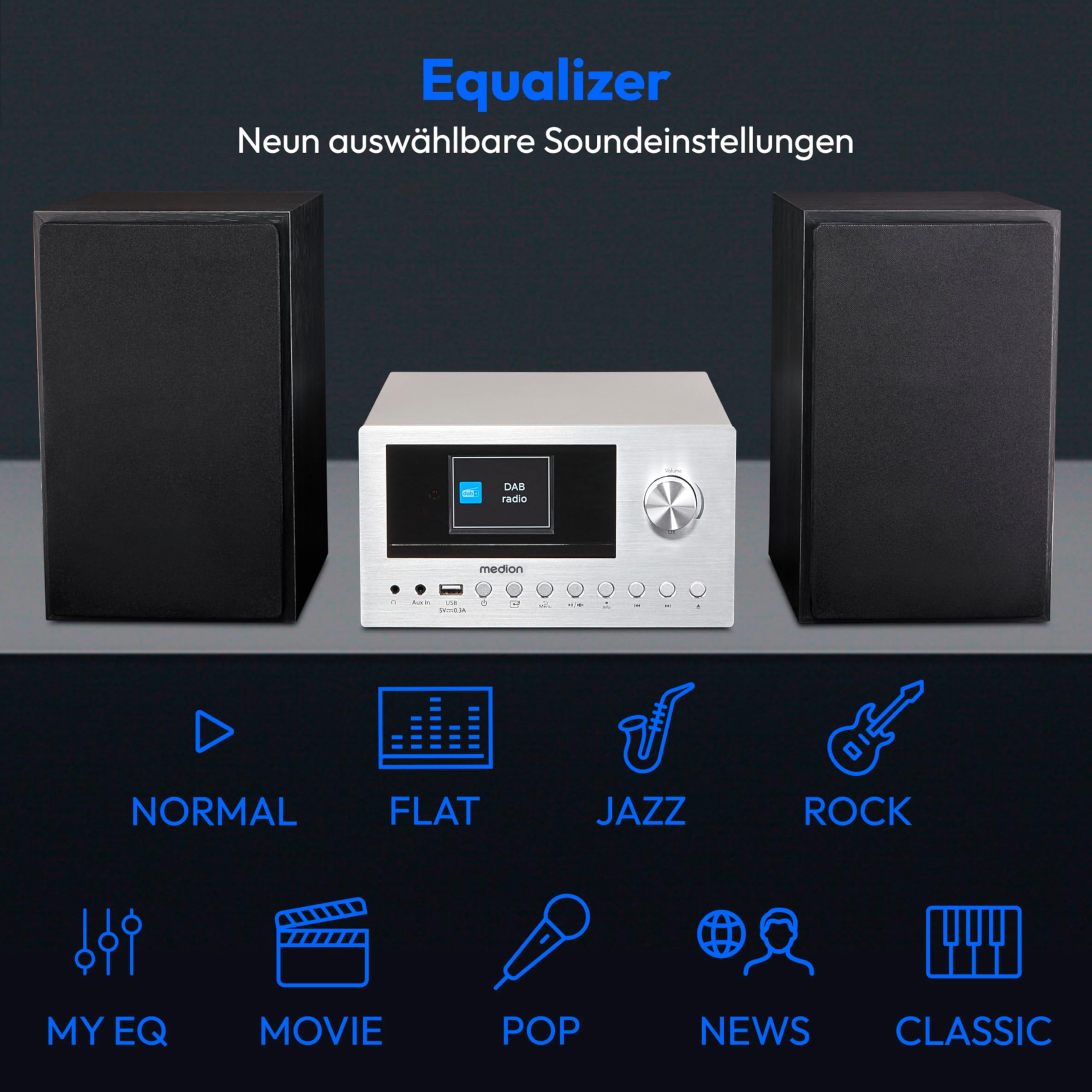 MEDION P85003 Micro Audio System Kompaktanlage (Internetradio, DAB+, PLL UKW Radio, Bluetooth, USB Anschluss, AUX, 2x150 W) Silber